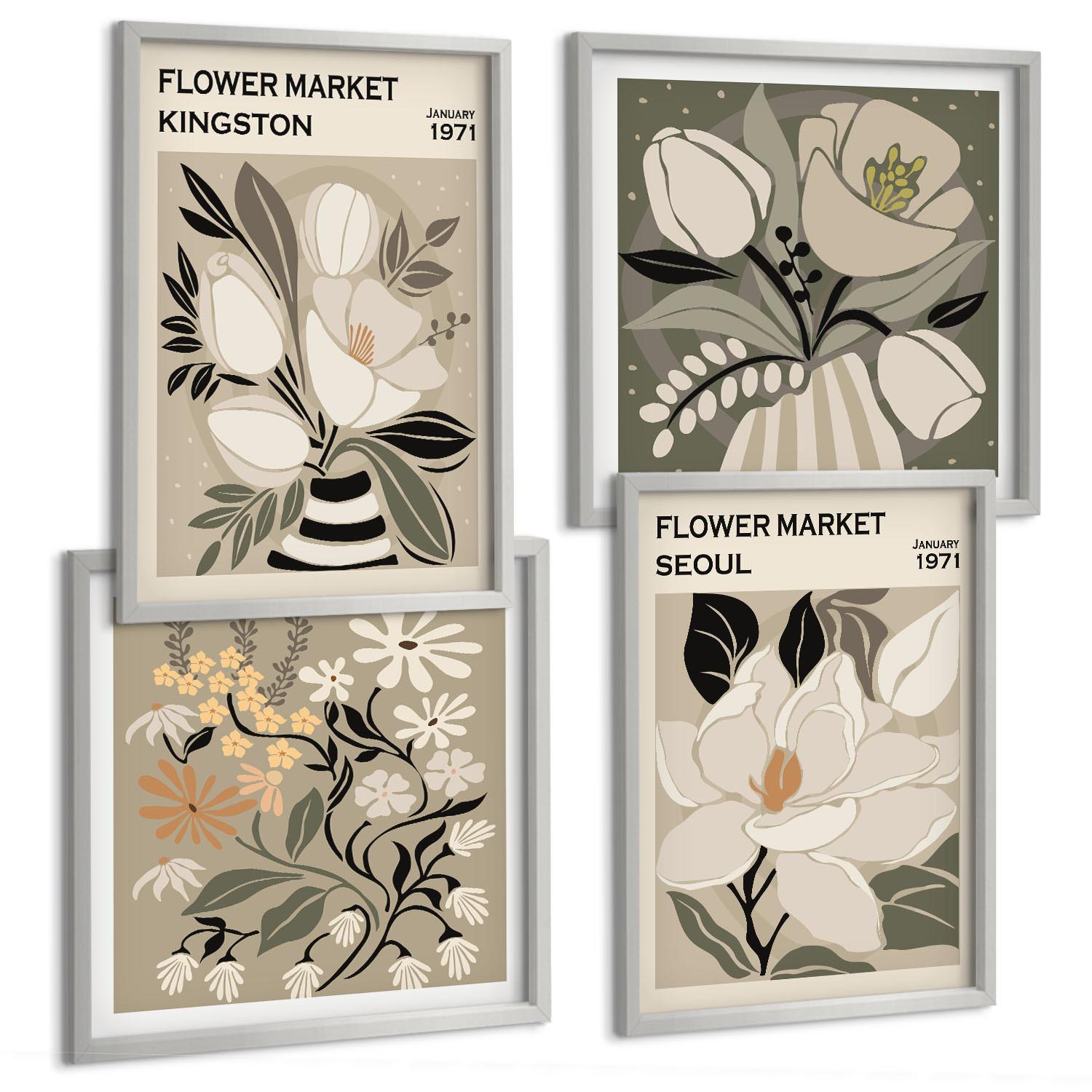 BILDER SET 4er Set - 50x50 cm & 40x60 cm Silberner Rahmen - Kingston Seoul Retro-Blumen - Silberfarben, Kunststoff (50/50cm) - TULUP