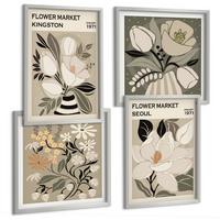 BILDER SET 4er Set - 50x50 cm & 40x60 cm Silberner Rahmen - Kingston Seoul Retro-Blumen - Silberfarben, Kunststoff (50/50cm) - TULUP