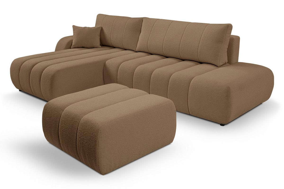 ECKSOFA GIOIA L-S Braun Boucle-Stoff mit Schlaffunktion - Braun, Holz (276/176cm) - MASSENO
