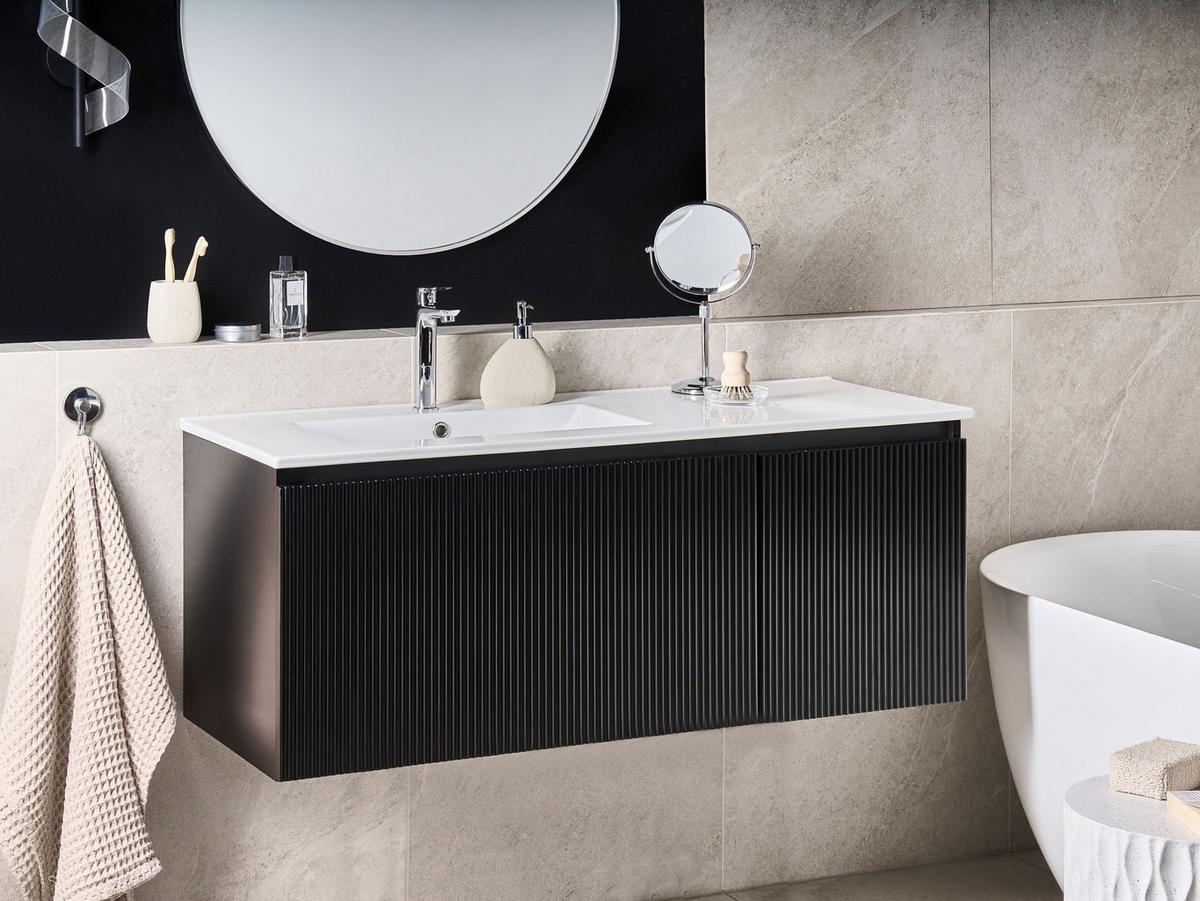 WASCHBECKENUNTERSCHRANK wandmontiertk mit Waschbecken Schwarz Tiete - Schwarz, Holzwerkstoff (120/46/134cm) - Beliani
