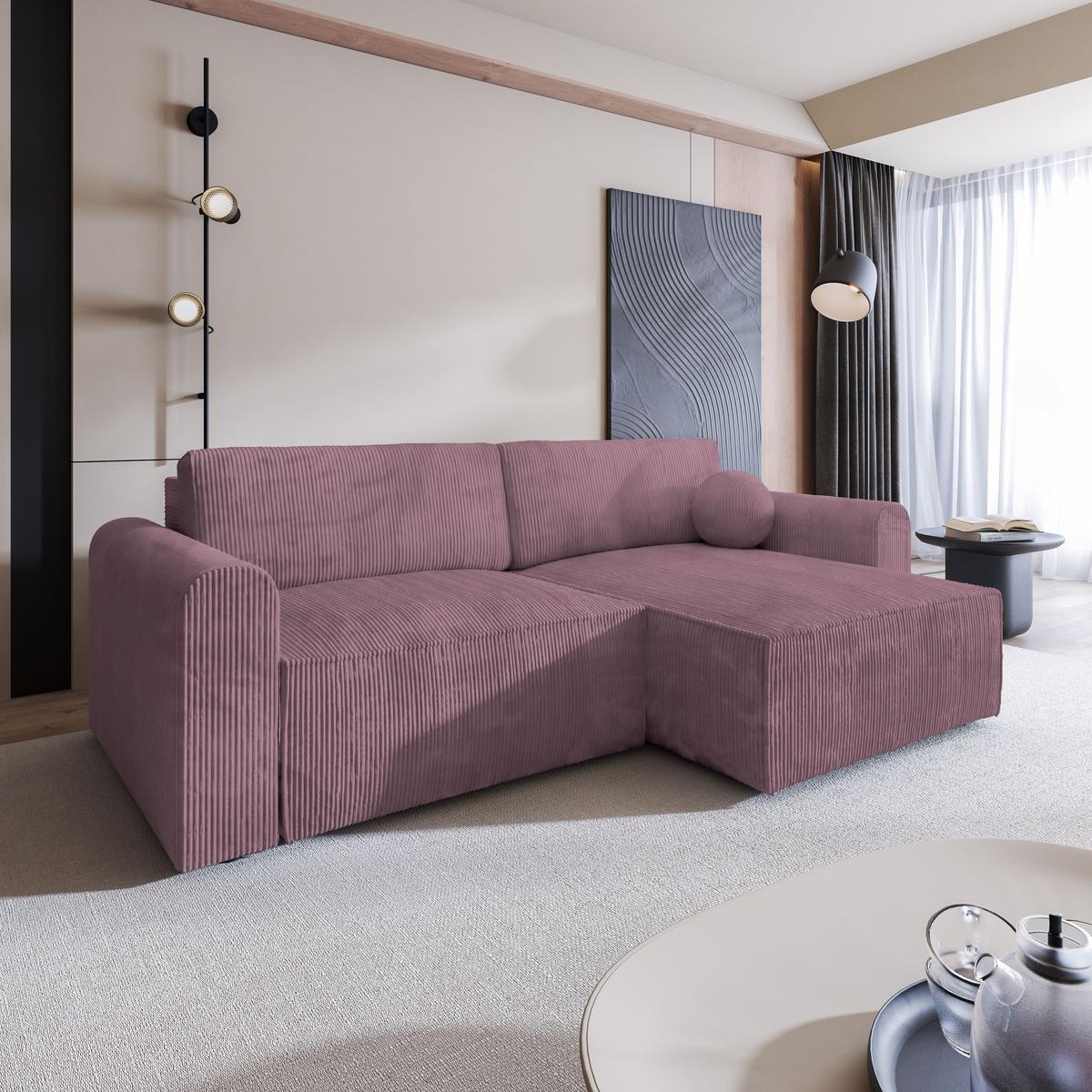 ECKSOFA FIANO P Lila Kordstoff mit Schlaffunktion - Lila/Grau, Holz/Kunststoff (245/148cm) - MASSENO