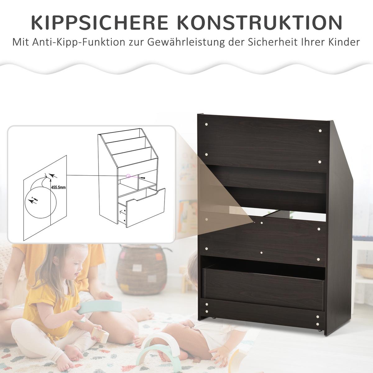 KINDER Bücherregal Kinderregal mit Schublade, 3 Ablagefächern, 2 offenen Fächern - Grau, Holzwerkstoff (29.9/90/60cm) - HOMCOM