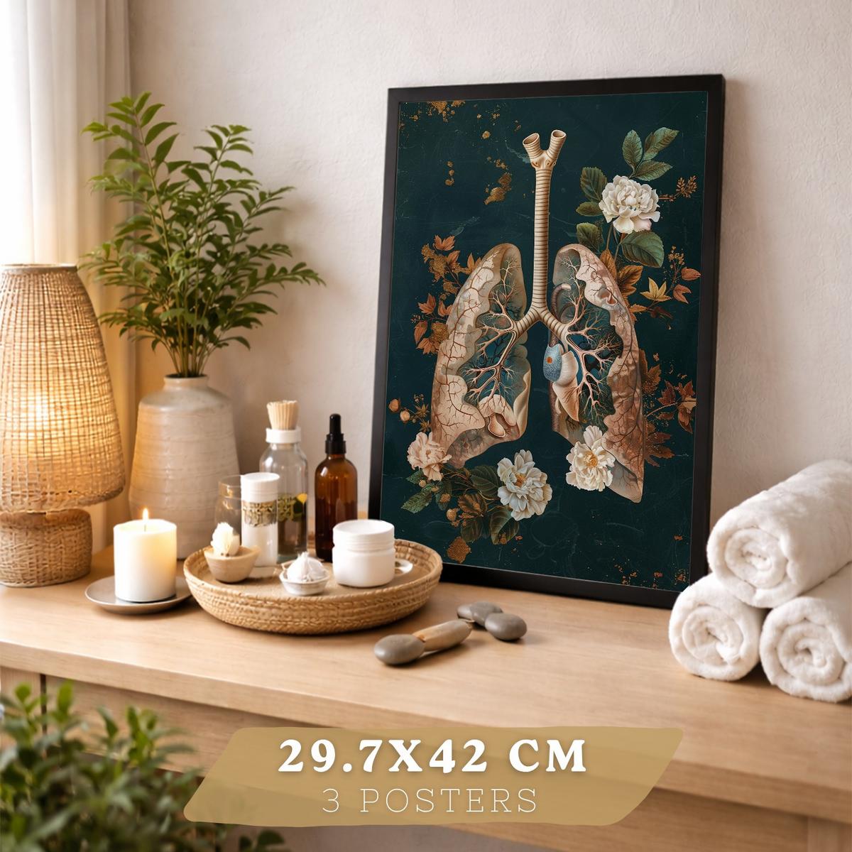 POSTER Set aus 3 Anatomie Mensch Drucke und Wandbilder mit Herz Atmungssystem und Skelett Botanischer Stil Wanddekoration Größe Schwarzer Rahmen A3 - Schwarz, Papier (29.7/42/3cm) - Nacnic