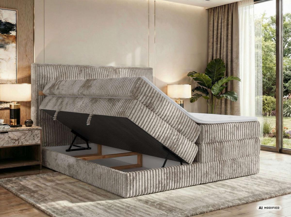 BOXSPRINGBETT ORVO KING 140/200 - Hellbraun Cord - Topper Visco - H3 - Hellbraun/Schwarz, Kunststoff/Textil (140/200cm) - MKS