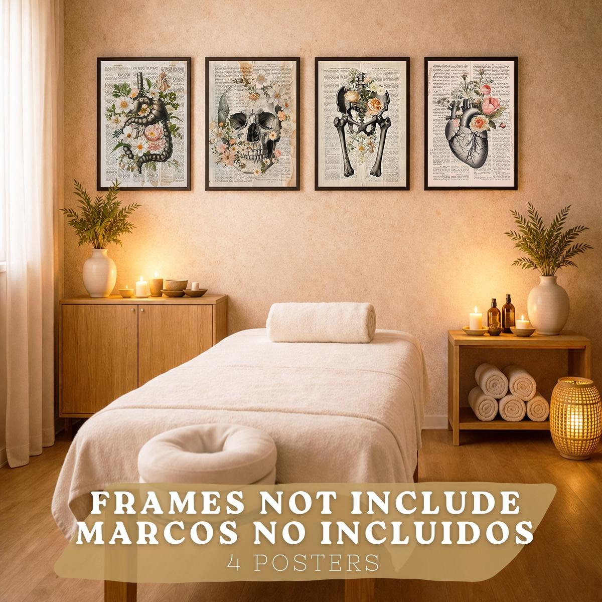 POSTER Set aus 4 Anatomie Mensch Botanische Drucke und mit Organen Herz Verdauungssystem Schädel und Becken Heimdekoration Größe Rahmenlos A4 - Klar, Papier (21/29.7/3cm) - Nacnic