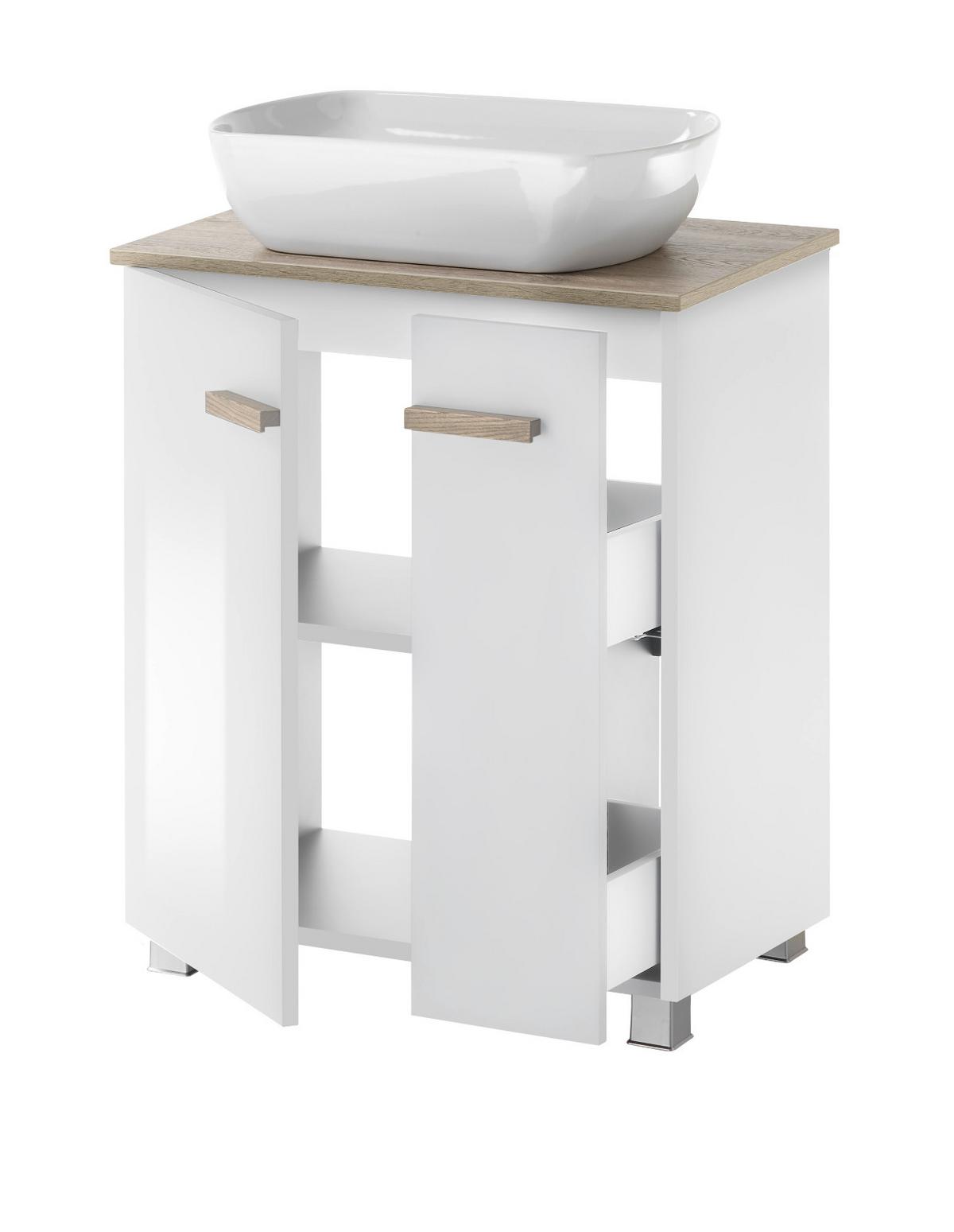 WASCHBECKENUNTERSCHRANK Weiß Hochglanz Lack, Eiche, Waschtisch Set inkl. Waschbecken - Weiß Hochglanz/Eichefarben, Holzwerkstoff (60/82/40cm) - Furn.Design