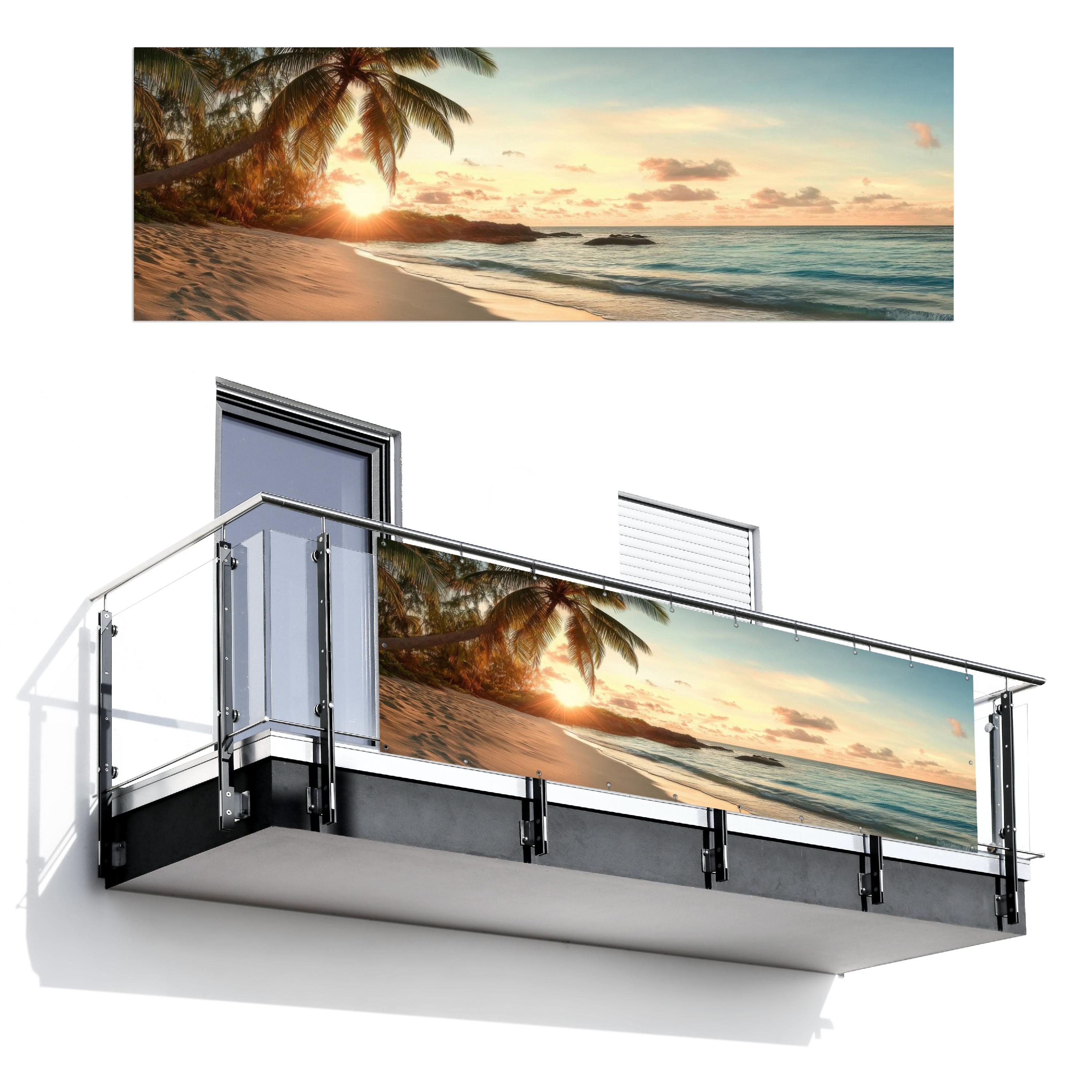 BALKON-SICHTSCHUTZ Strand - Palmen - Meer - Sonnenuntergang Windschutz 300x100 cm - Samtahornfarben, Kunststoff (300/100cm) - MuchoWow
