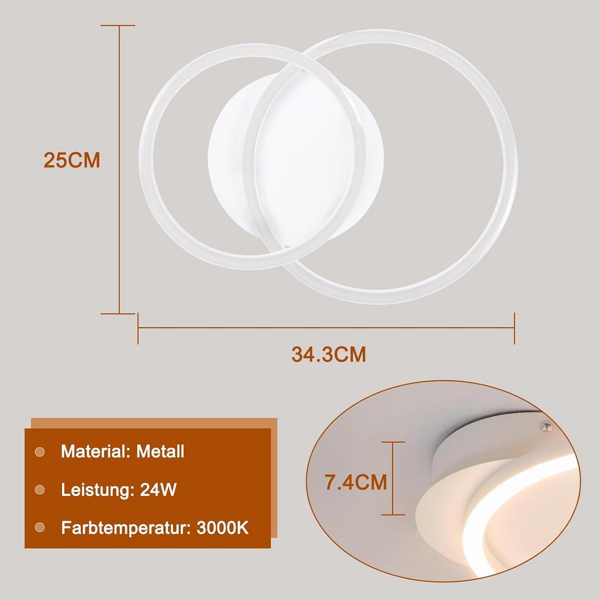 LED-DECKENLEUCHTE Eisenhainbach 25/7.4/34.4 cm - Weiß, Metall (34.4/25/7.4cm) - ZMH