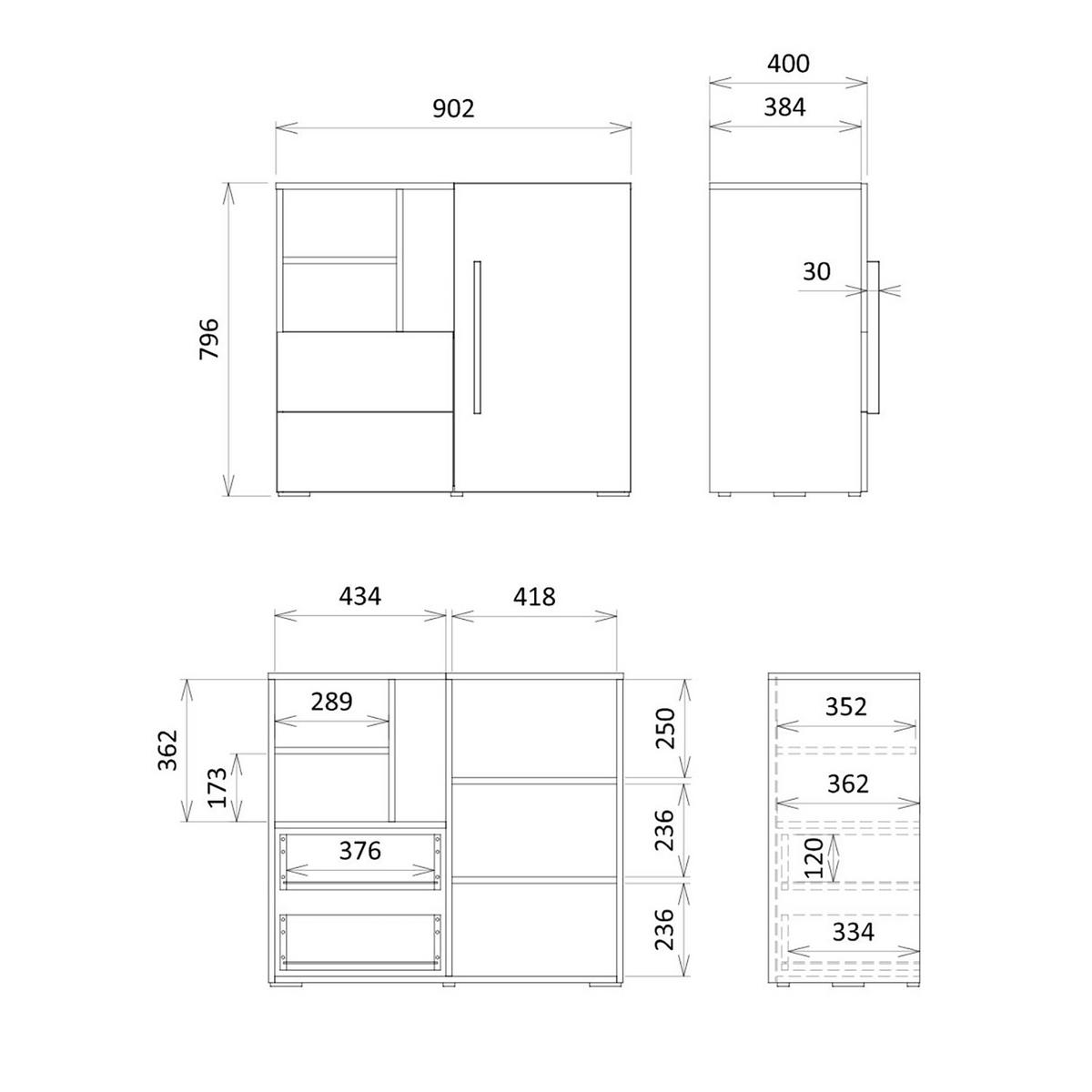 KOMMODE Largo mit 1 Tür, 2 Schubladen und offenen Fächern, 90 cm, für Jugendzimmer, Kaschmir/Frühlings-Eiche - Kaschmir/Eichefarben, Holzwerkstoff (90/80/40cm) - Beautysofa