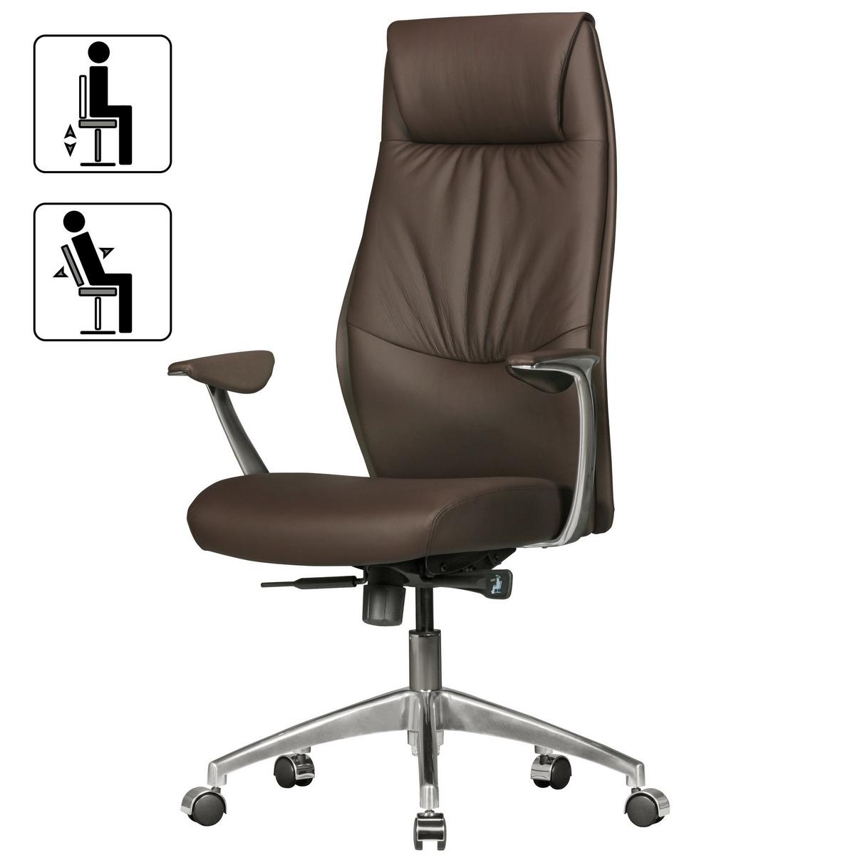 BÜROSTUHL Echtleder mit Synchronmechanik, Kopfstütze und hoher Rückenlehne, Braun 67x58x125 cm - Silberfarben/Braun, Leder/Metall (67/125/58cm) - KADIMA DESIGN