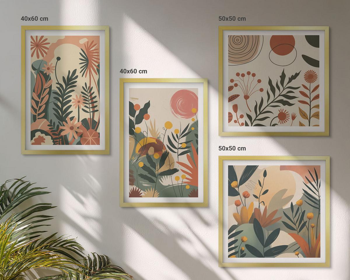 BILDER SET 4er Set - 50x50 cm & 40x60 cm Goldrahmen - Pastellfarbene Pflanzenmuster - Goldfarben, Kunststoff (50/50cm) - TULUP