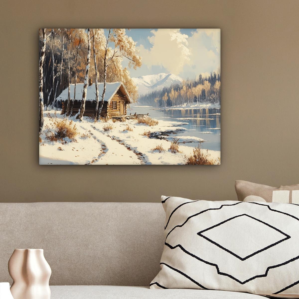 LEINWANDBILD Winter - Schnee - Zuhause - Natur Wandbild 40x30 cm - Hellbraun, Textil (40/30cm) - MuchoWow