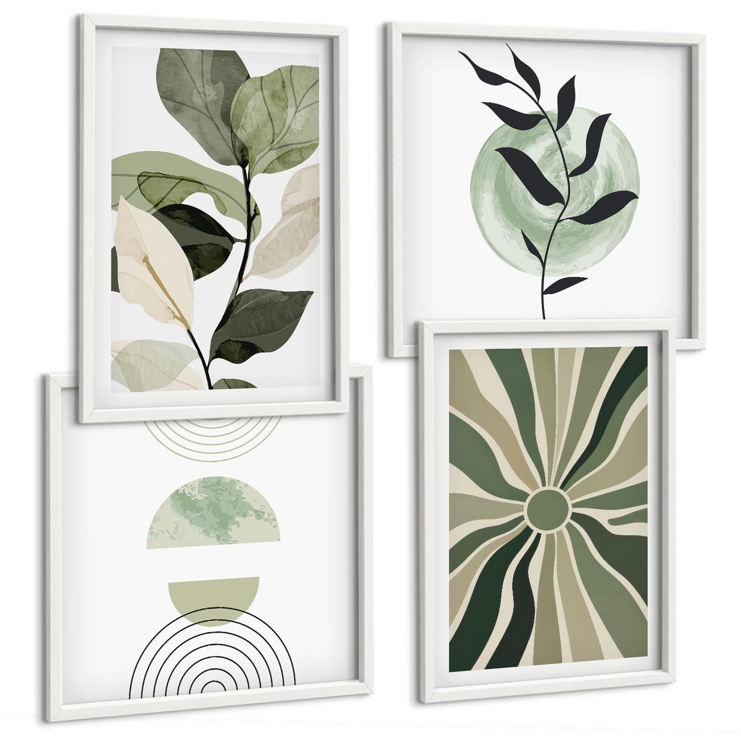 BILDER SET 4er Set - 50x50 cm & 40x60 cm Weißer Rahmen - Geometrische Pflanzenformen - Weiß, Kunststoff (50/50cm) - TULUP