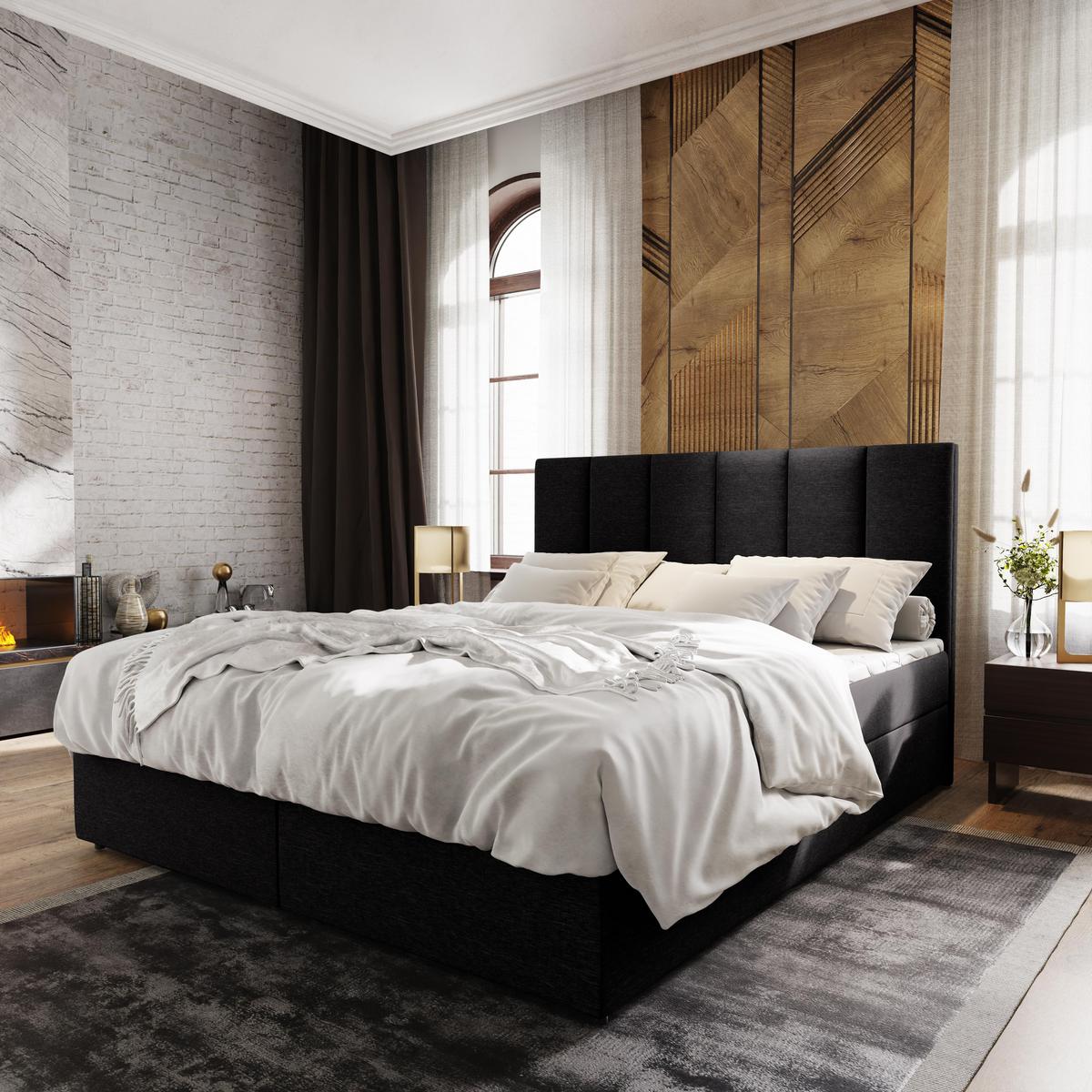 BOXBETT MERIL 160x200 cm mit Matratze und Topper - Schwarz - Anthrazit, Holz (160/200cm) - MASSENO