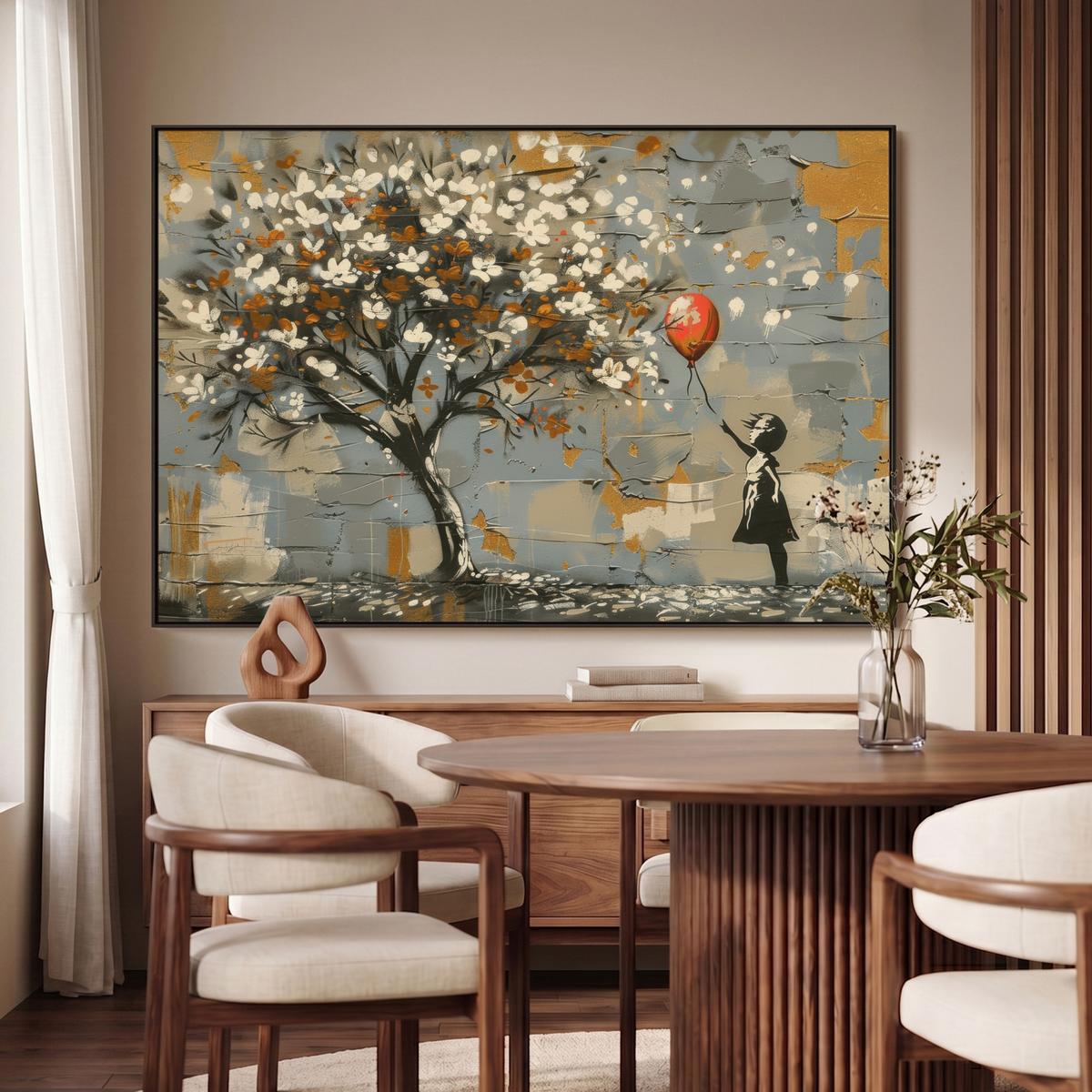 LEINWAND Bilder mit Rahmen - Baum - Graffiti - Banksy-Stil - Ballon-Mädchen - 140x90 - Blaugrau, Textil (140/90cm) - MuchoWow
