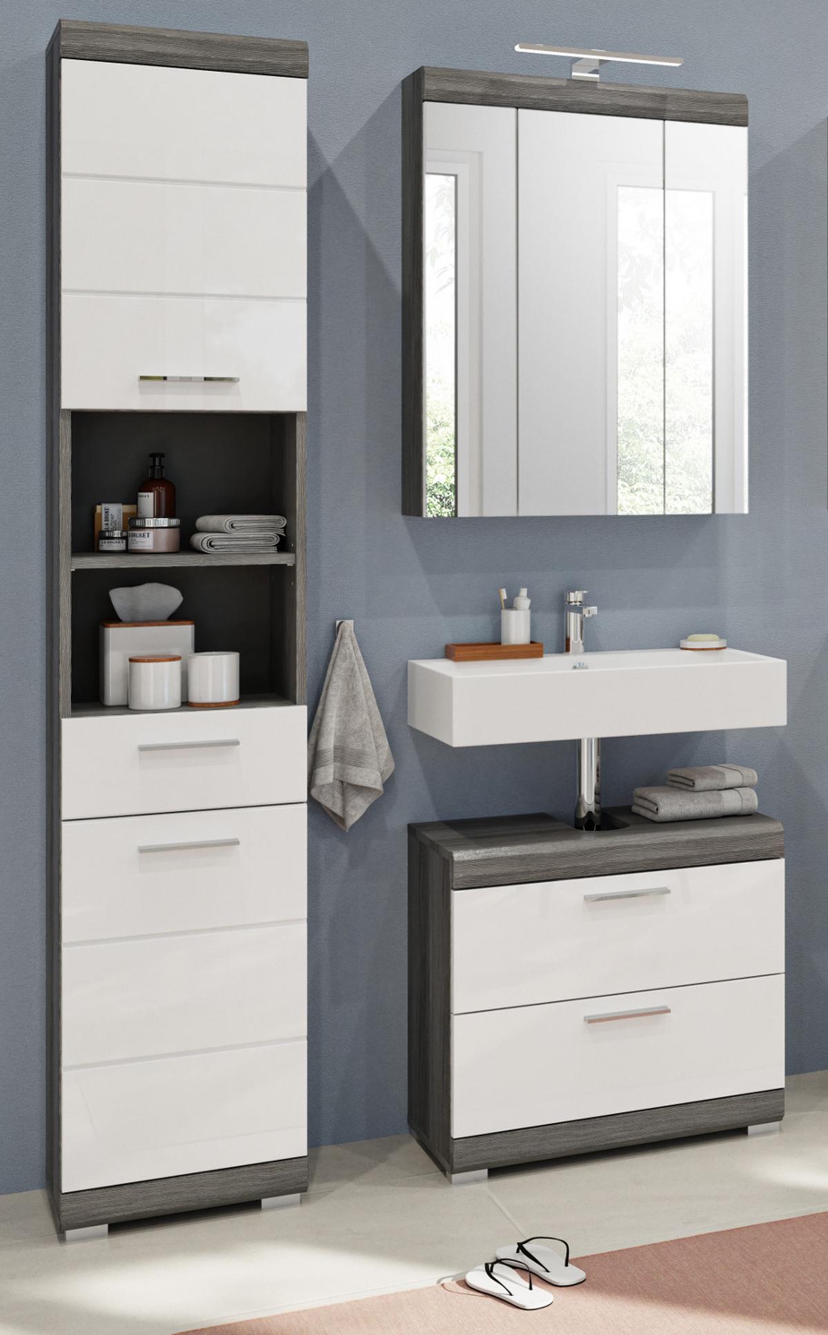 WASCHBECKENUNTERSCHRANK weiß Hochglanz, grau mit Schubladen 60 cm - Weiß Hochglanz/Silberfarben, Holzwerkstoff/Kunststoff (60/56/34cm) - Inn.Furn
