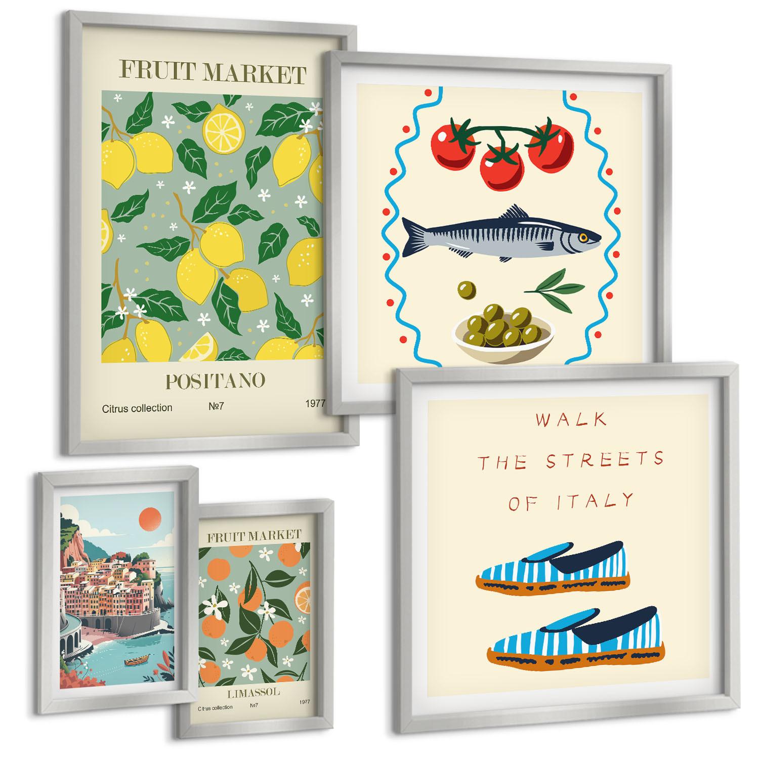 BILDER SET 5er Set - 50x50 cm & 20x30 cm & 40x60 cm Silberner Rahmen - Italienische Poster mit Fruchtmotiven - Silberfarben, Kunststoff (40/60cm) - TULUP