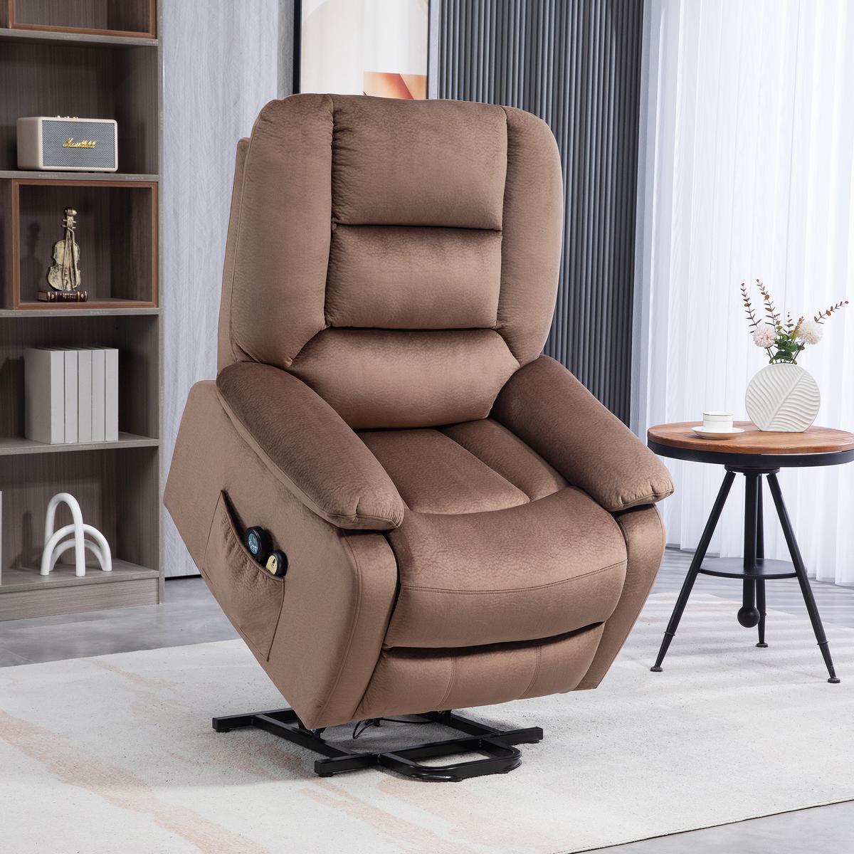 FERNSEHSESSEL mit Aufstehhilfe Elektrisch Relaxsessel mit Liege-/Massagefunktion - Schwarz/Braun, Textil/Metall (93/110/90cm) - HOMCOM