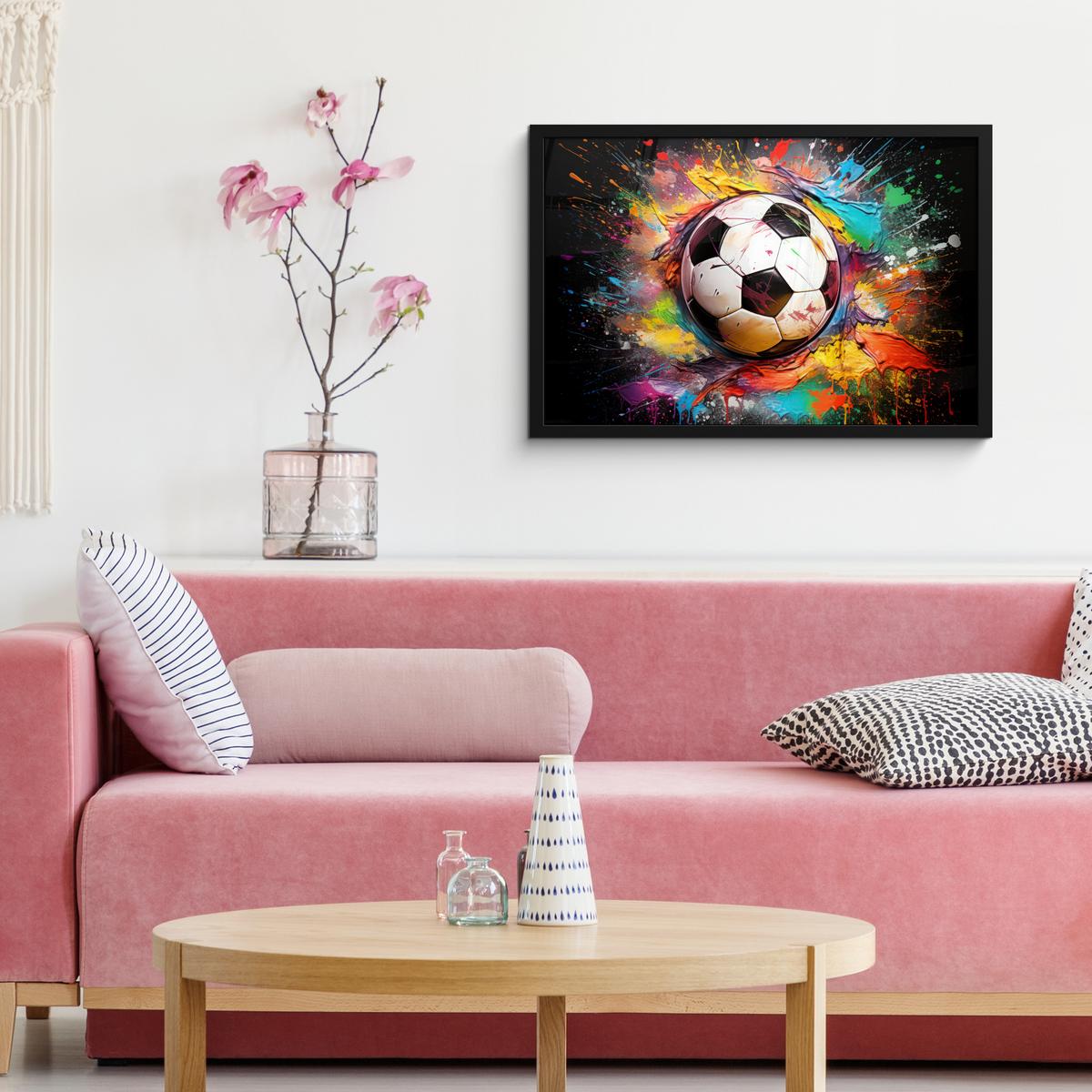 POSTER MIT RAHMENGERAHMTES BILD Fußball - Farbe - Farben - Schwarz - Weiß 60x40 cm - Weiß, Papier (60/40cm) - MuchoWow