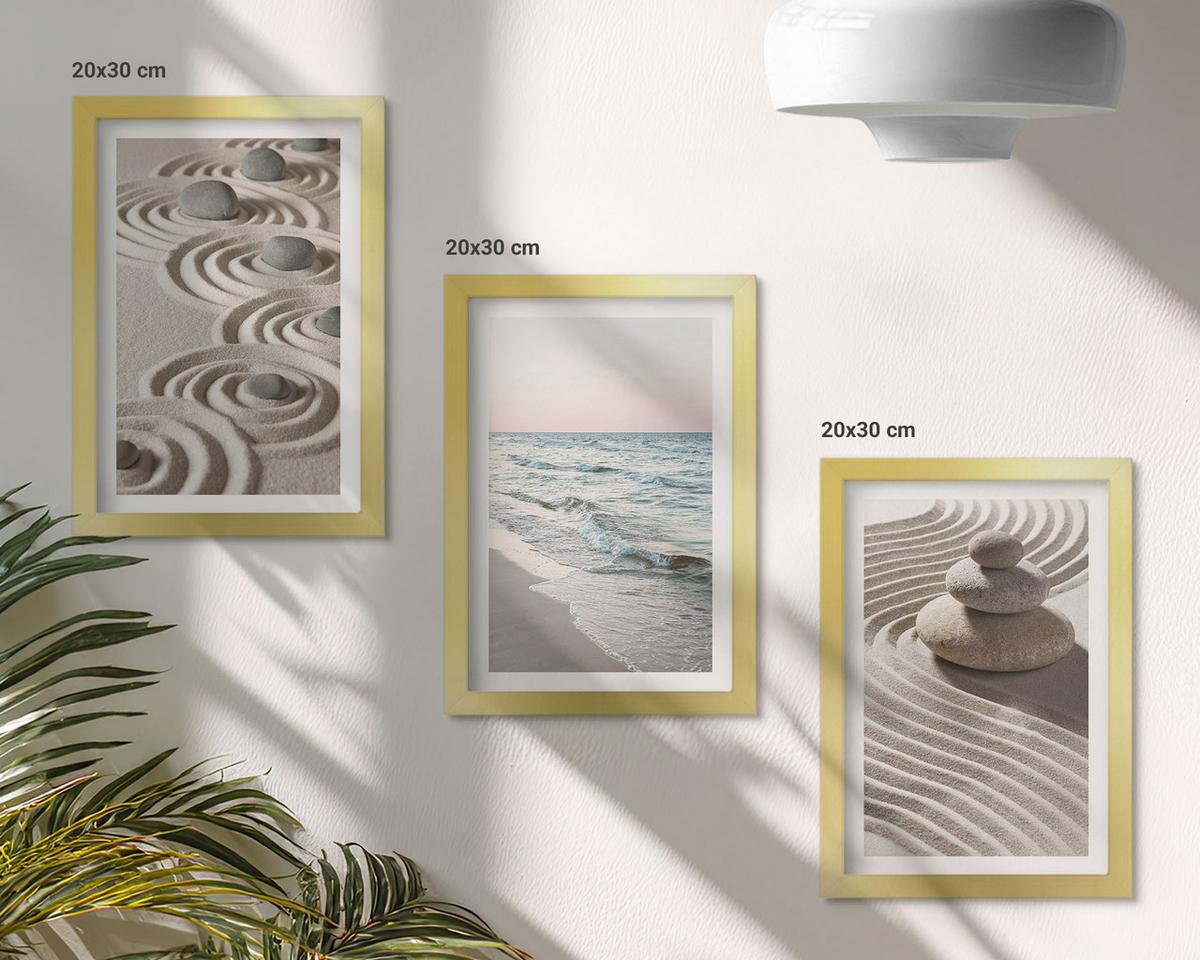 BILDER SET 3er Set - 20x30 cm Goldrahmen - Wellen, Sand, Wasser, Steine, Strand - Goldfarben, Kunststoff (20/30cm) - TULUP