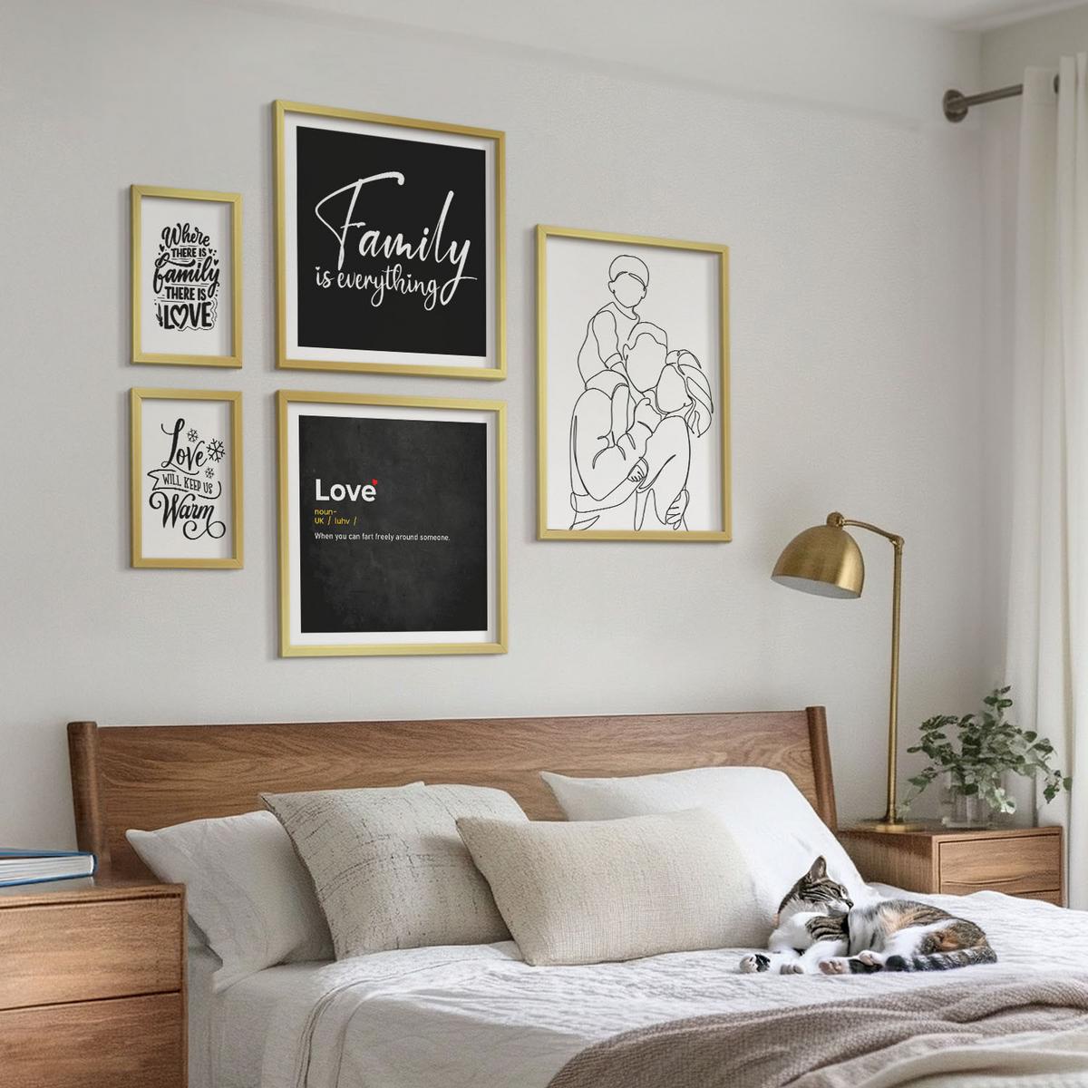 BILDER SET 5er Set - 50x50 cm & 20x30 cm & 40x60 cm Goldrahmen - Herbstliche Berge, Flusshütte - Goldfarben, Kunststoff (40/60cm) - TULUP