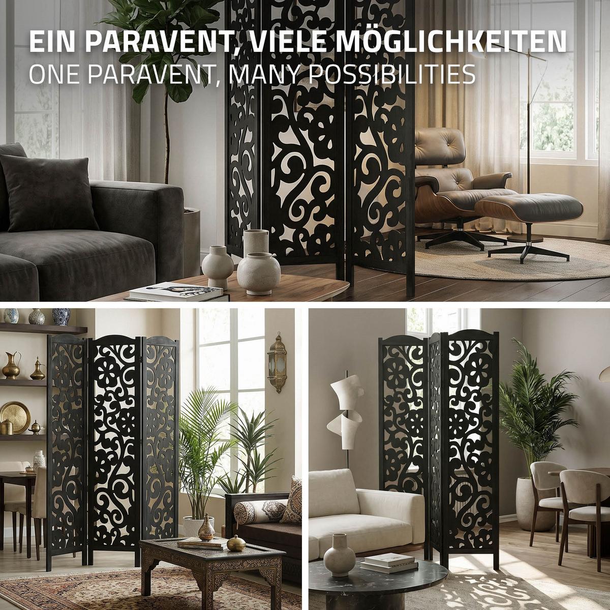 PARAVENT 3 teilig Yokohama 172x121 cm Schwarz aus Holz - Schwarz, Holz (121/172/2cm) - ML-DESIGN