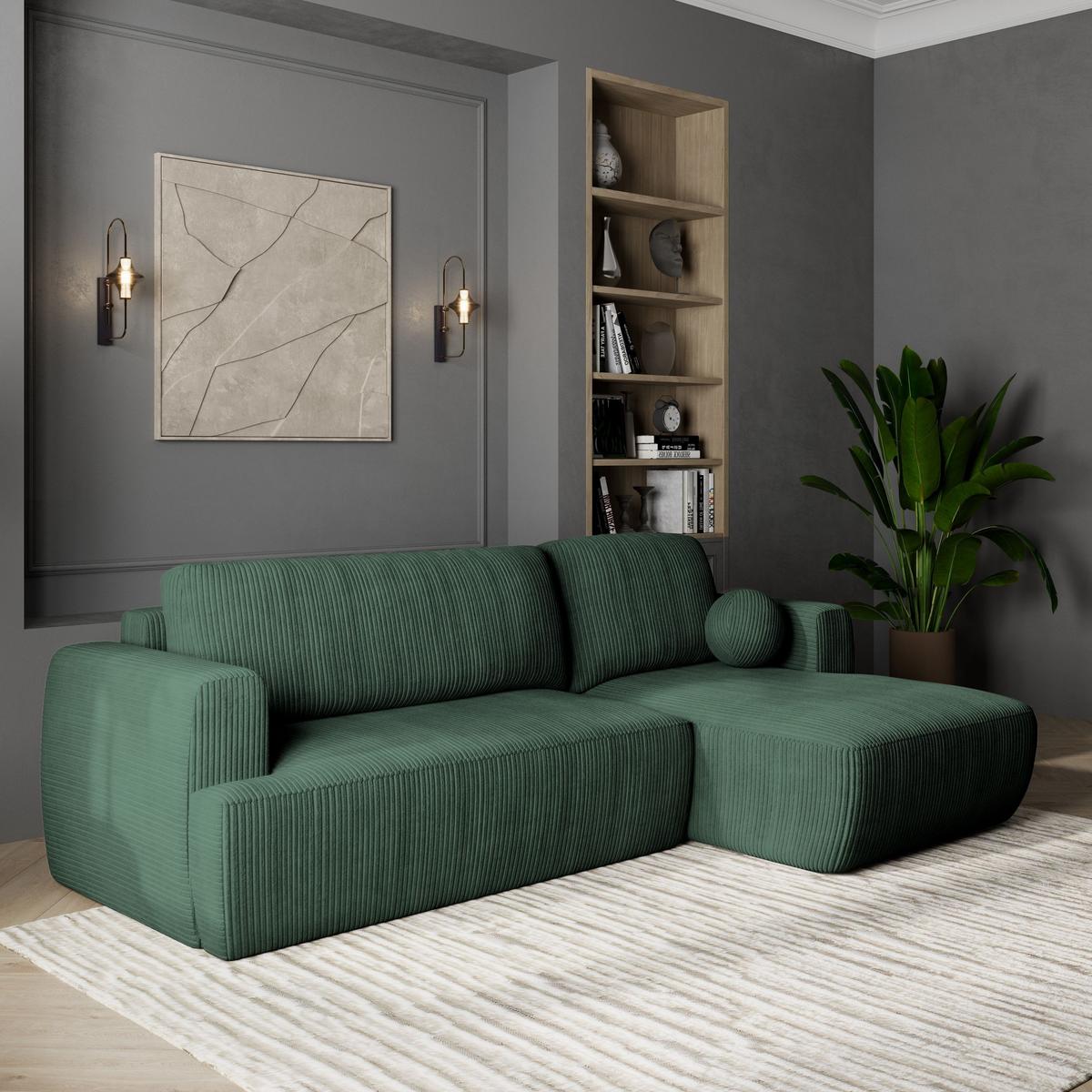ECKSOFA SENTI P R-S Grün Kordstoff mit Schlaffunktion - Schwarz/Grün, Holz/Kunststoff (246/148cm) - MASSENO