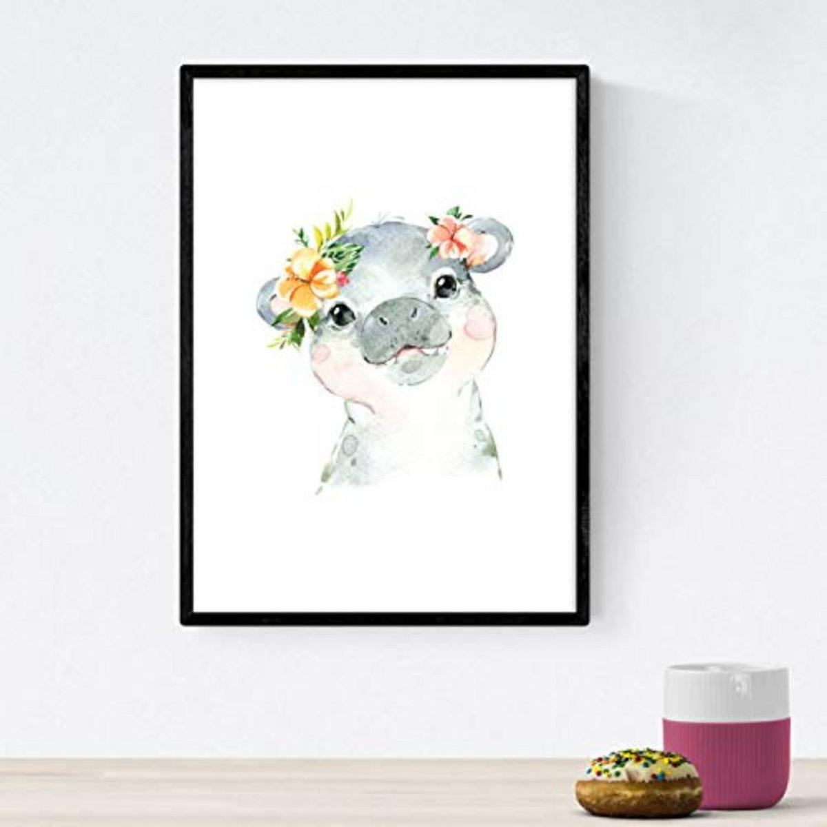 POSTER Set mit 4 Tiger Hypopotamus Elefant und Zebra A4 Rahmenlos - Klar, Papier (29.7/3cm) - Nacnic