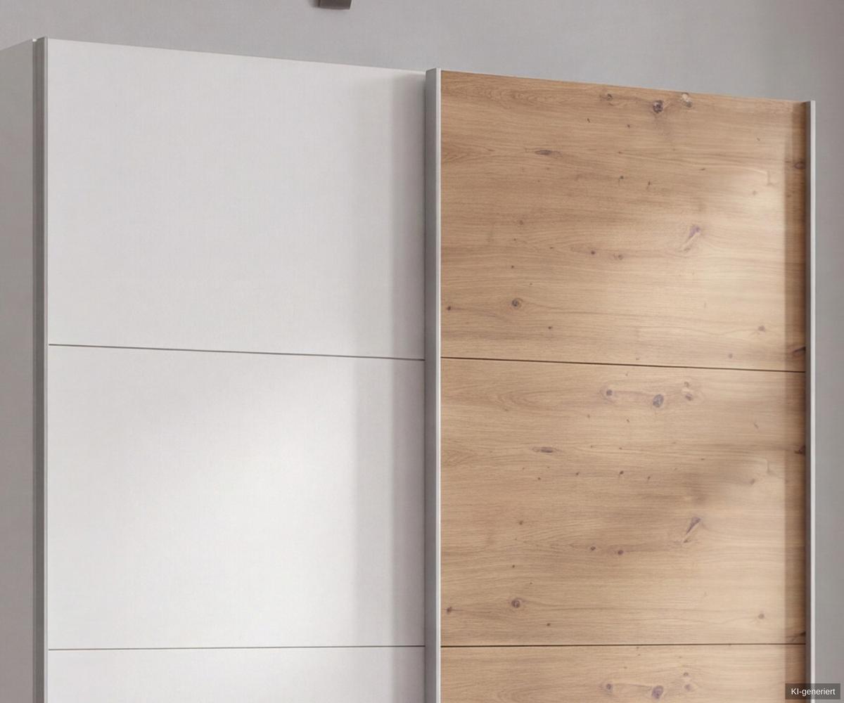 SCHWEBETÜRENSCHRANK 2-türig B135/H198/T65 cm, Kleiderschrank in Weiß, 1x Tür & sichtbare Schubkästen in Eiche Artisan Dekor / 22662 - Eichefarben/Alufarben, Holz/Holzwerkstoff (135/198/65cm) - luma-home