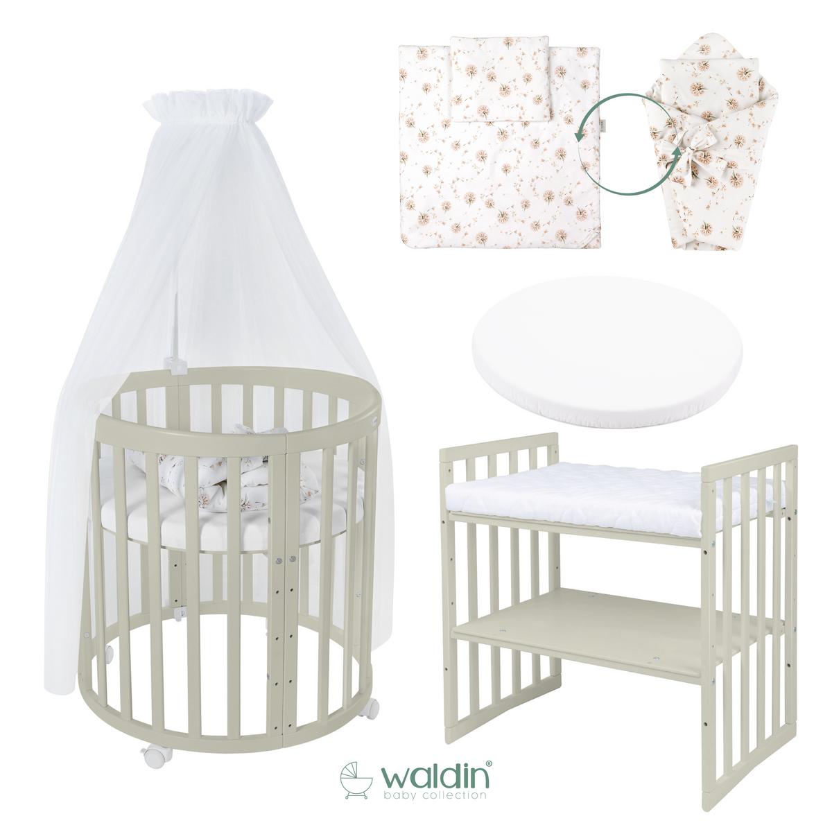 BABYBETT OLIVE OVAL 7in1 mit Matratze und Himmelset - Olivgrün/Weiß, Holz/Textil (73/125cm) - waldin