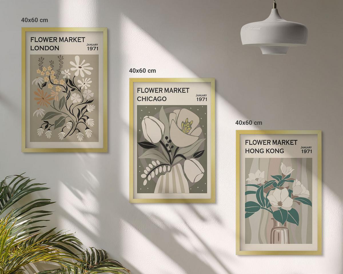 BILDER SET 3er Set - 40x60 cm Goldrahmen - Blumenmessen London Chicago Hongkong - Goldfarben, Kunststoff (40/60cm) - TULUP