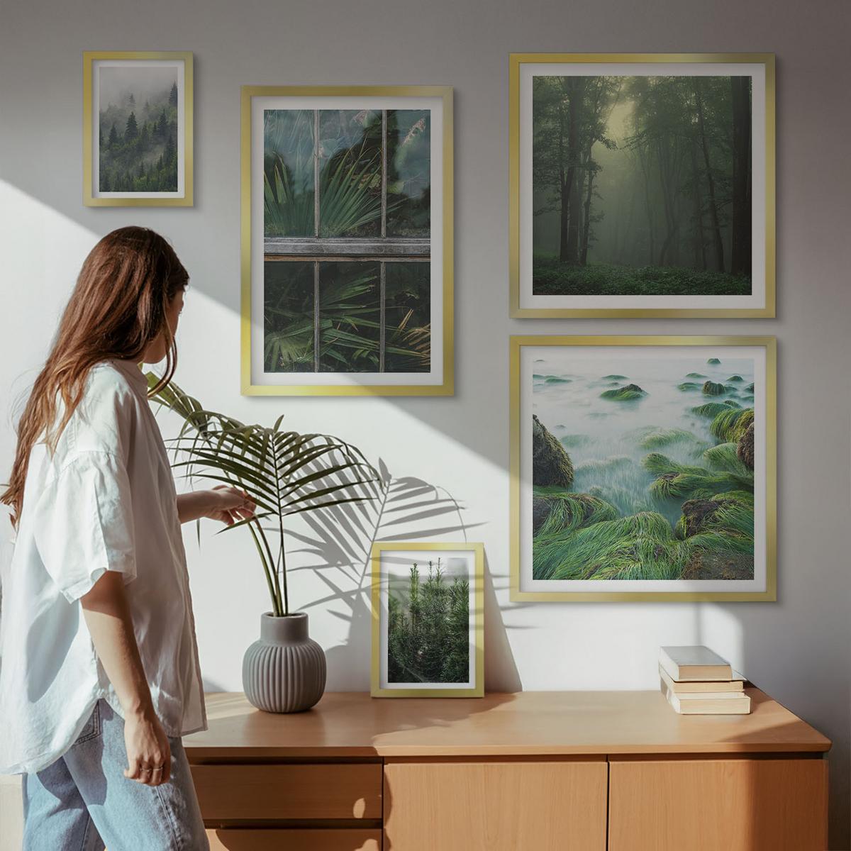 BILDER SET 5er Set - 50x50 cm & 20x30 cm & 40x60 cm Goldrahmen - Nahaufnahmen von Blättern sukkulenter Pflanzen - Goldfarben, Kunststoff (40/60cm) - TULUP