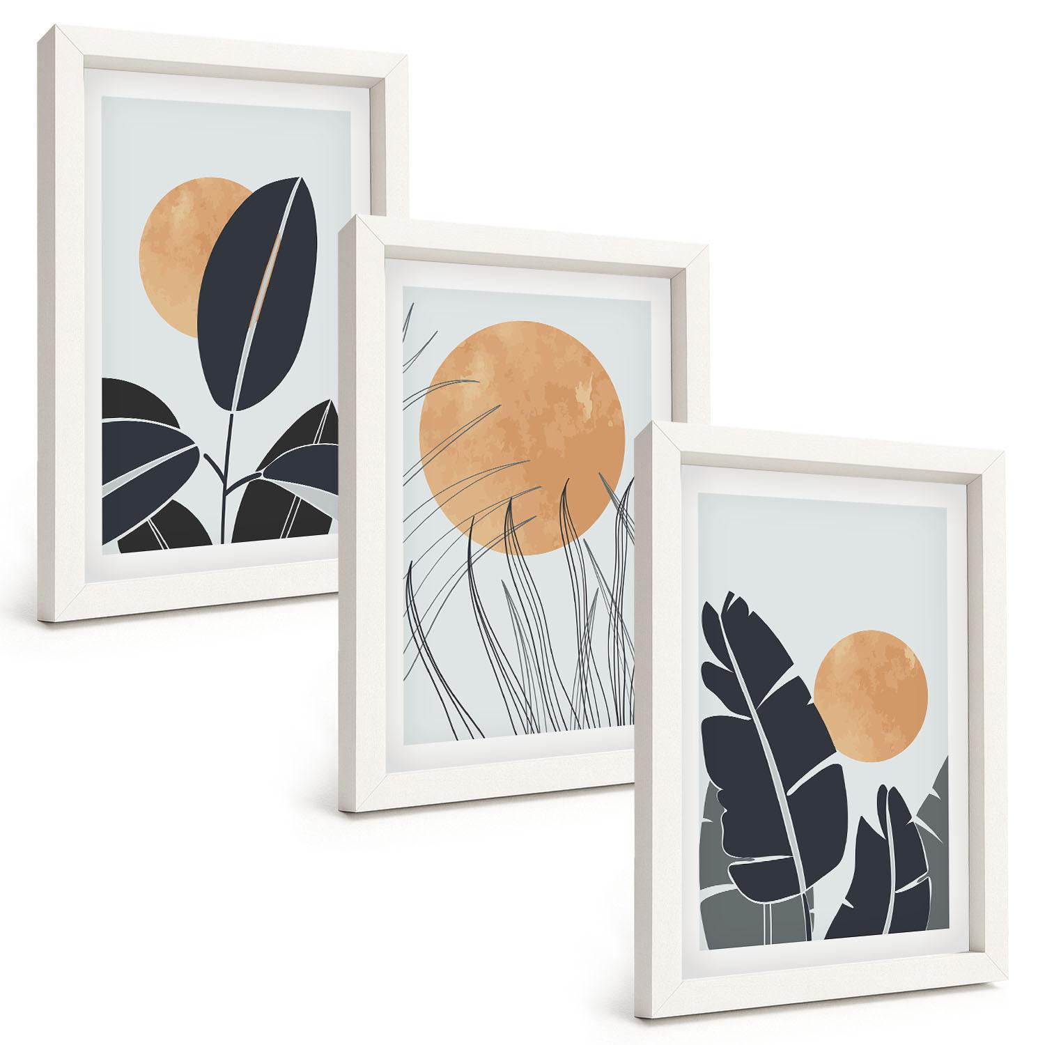 BILDER SET 3er Set - 20x30 cm Weißer Rahmen - Pflanzenmuster große Sonnen minimalistisch - Weiß, Kunststoff (20/30cm) - TULUP