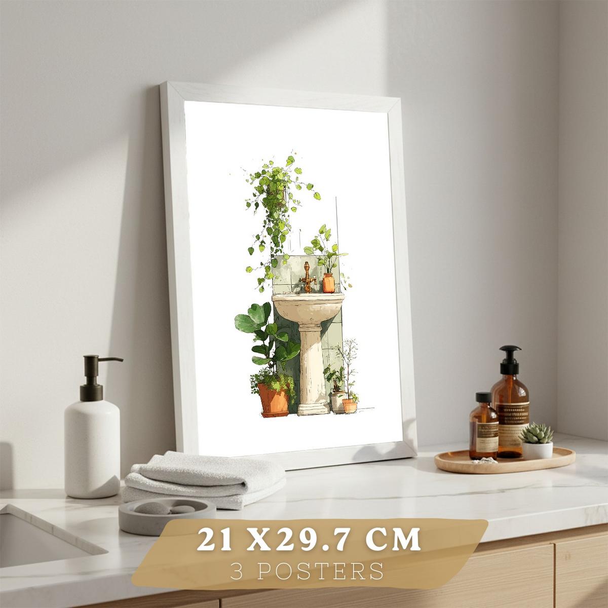 POSTER 3er-Set dekorative Badezimmerbilder, Wanddeko, im botanischen Stil, für Toilette, grüne Pflanzen Weißer Rahmen A4 - Weiß, Papier (29.7/21/3cm) - Nacnic
