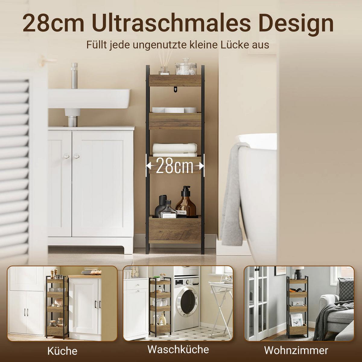 BADEZIMMERSCHRANK mit 4 Regalen, Schmal Industrial Design - Braun, Holzwerkstoff/Metall (90/20/28cm) - SoBuy