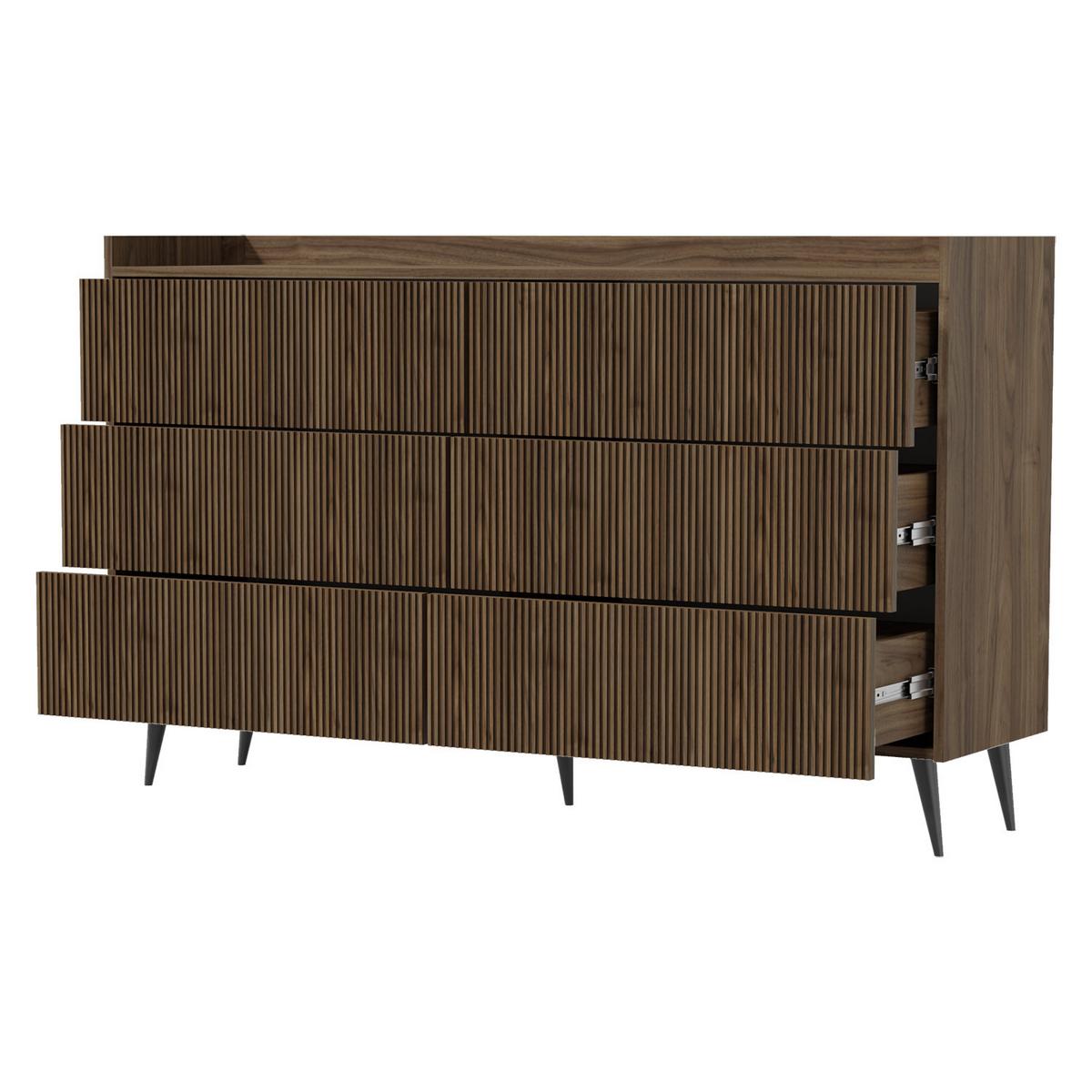 KOMMODE Amfali mit 6 Schubladen, geriffelte Fronten, Push-to-open, Metallbeine, 150 cm, Frühlings-Eiche - Eichefarben/Schwarz, Holzwerkstoff/Metall (150/92/41cm) - Beautysofa