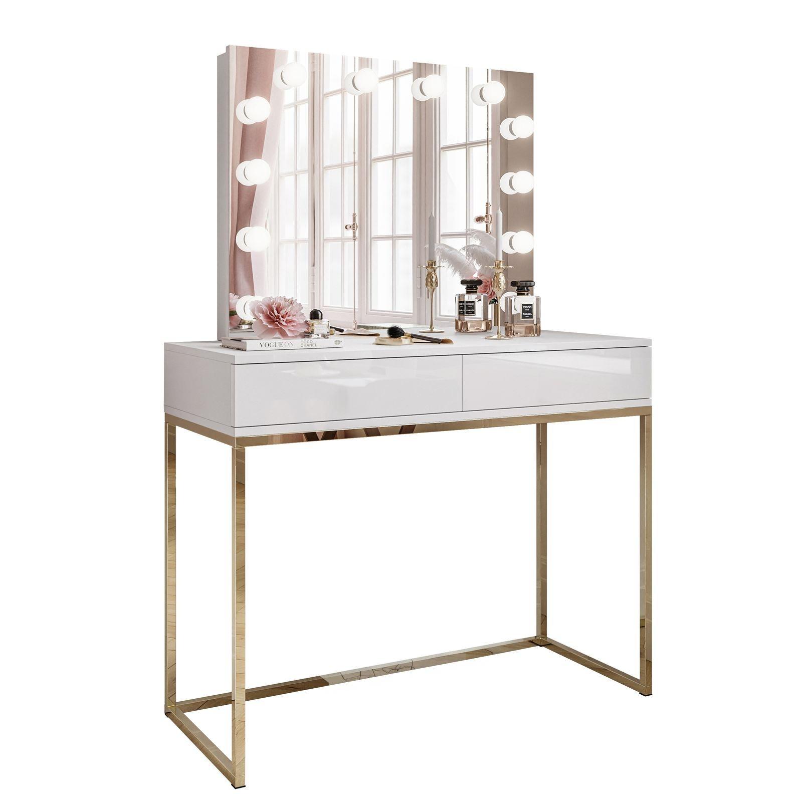 SCHMINKTISCH BLANCO ELITE mit Spiegel und Beleuchtung Gold Chrom Weiß Hochglanz PUSH OPEN - Weiß Hochglanz, Holzwerkstoff (100/146/42cm) - Lookway