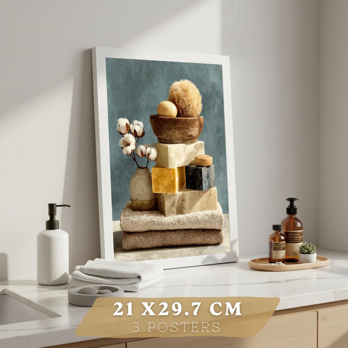 POSTER 3er-Set dekorative Badezimmer-Wandbilder und für Waschbecken, Dusche, WC mit Kerzen, Seifen und Blumen, farbenfroher Naturstil Rahmenlos A4 - Klar, Papier (29.7/21/3cm) - Nacnic