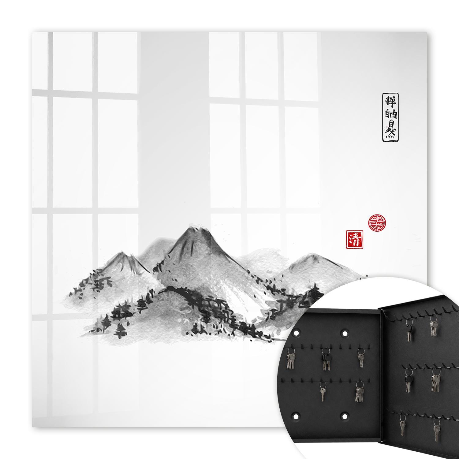 SCHLÜSSELBOX Schwarz 30x30 cm- Türöffnung nach rechts - Japanische Berge - Weiß, Metall (30/30/5cm) - TULUP