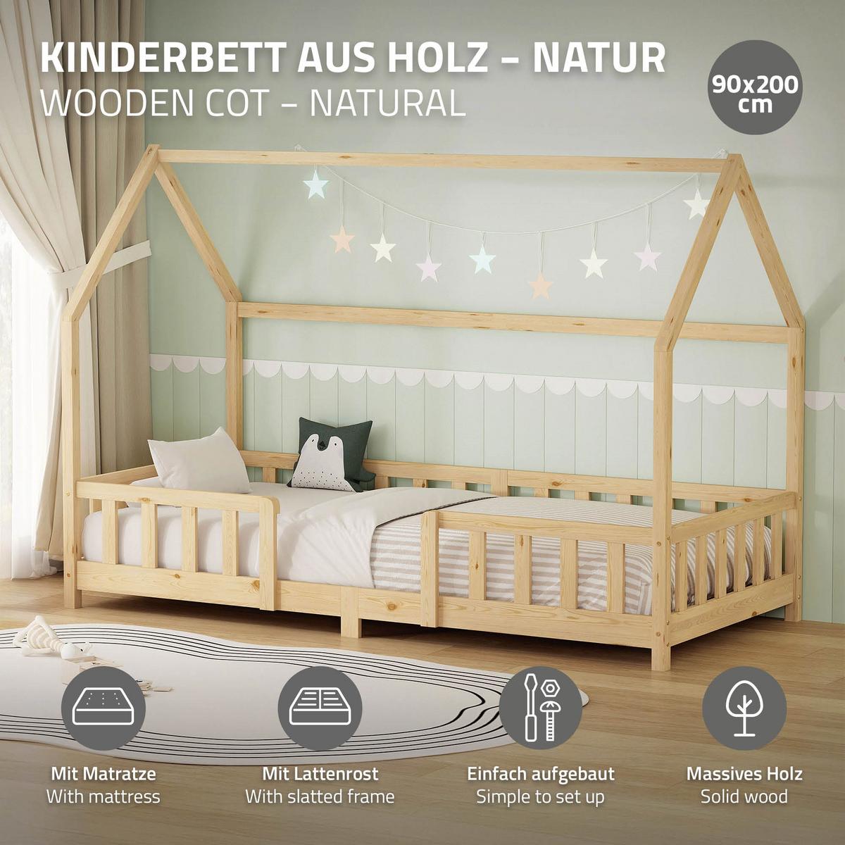 KINDERBETT 90x200 cm mit Matratze & Rausfallschutz Natur aus Kiefernholz - Naturfarben, Holz (90/200cm) - ML-DESIGN