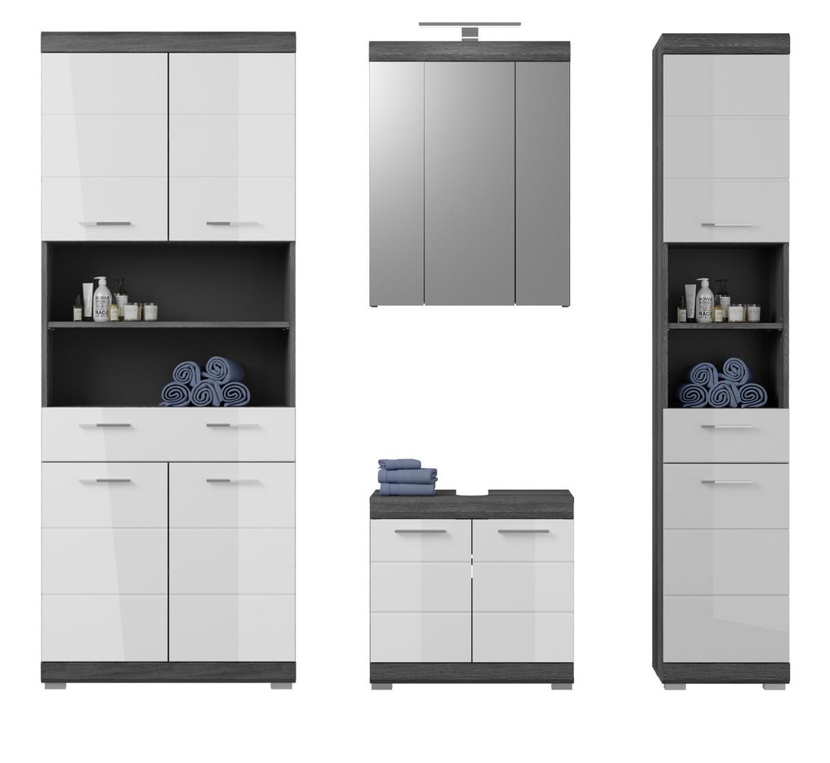 BADMÖBEL-SET weiß Hochglanz, grau 4-teilig 186 cm, Komplettset mit 23 Fächern - Weiß Hochglanz/Grau, Holzwerkstoff (186/191/34cm) - Inn.Furn