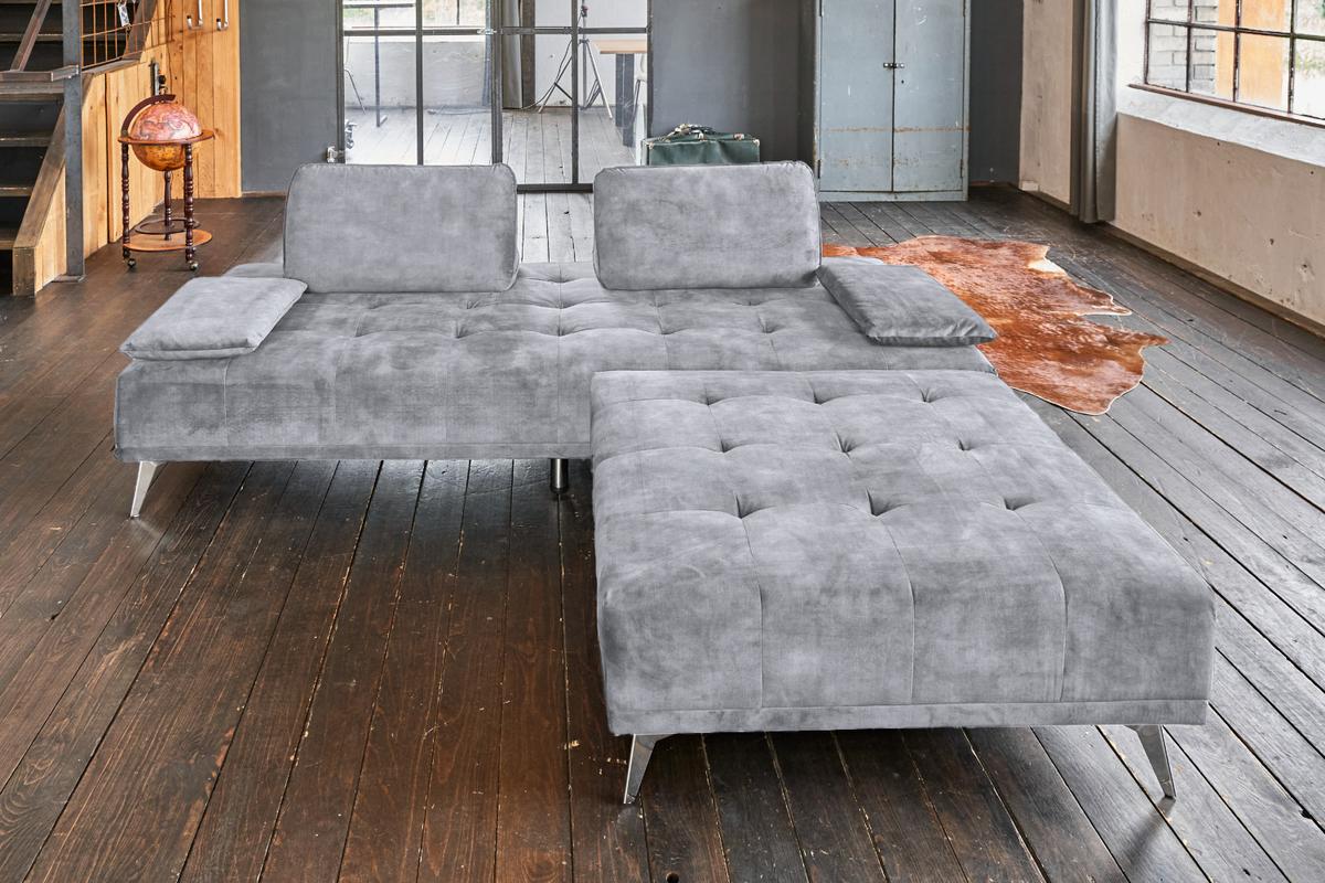 SOFA MIT HOCKER WIOLO Grau Velvet - Silberfarben/Grau, Textil/Metall (240/80/110cm) - KAWOLA