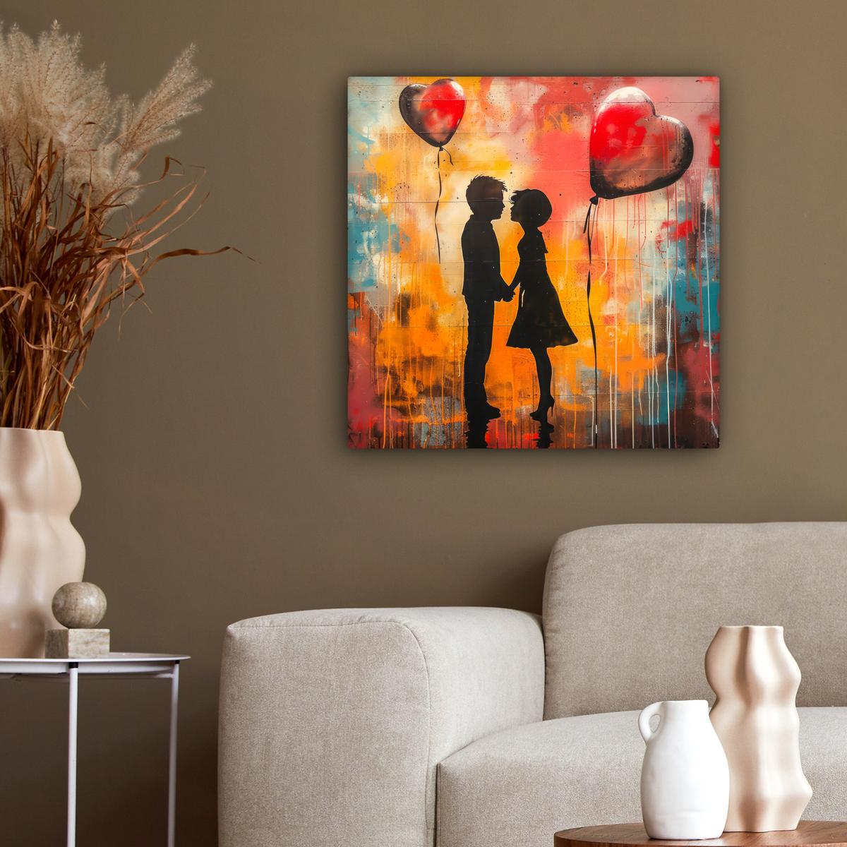 LEINWANDBILD Straßenkunst - Liebe - Graffiti - Kunst - Banksy Wandbild Wohnzimmer 50x50 cm - Orange, Textil (50/50cm) - MuchoWow
