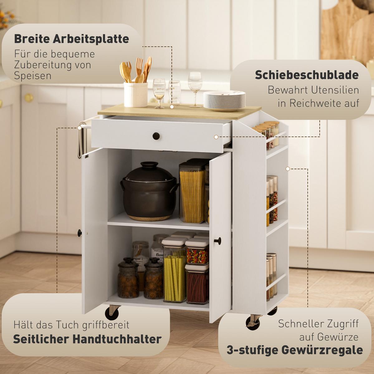 KÜCHENWAGEN mit Schublade, Schrankfach, Gewürzregal, Handtuchstange, Weiß/Eiche - Schwarz/Weiß, Holz/Holzwerkstoff (38/86.5/82cm) - HOMCOM