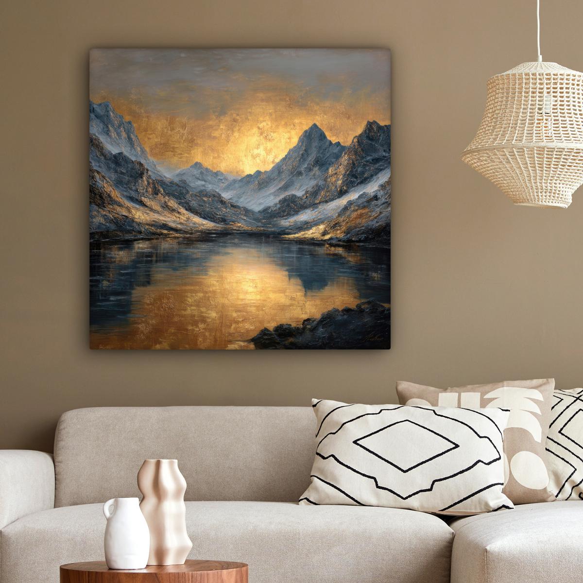 LEINWANDBILD Bergkulisse mit goldenem Sonnenuntergang Deko Groß 90x90 cm - Goldfarben, Textil (90/90cm) - MuchoWow