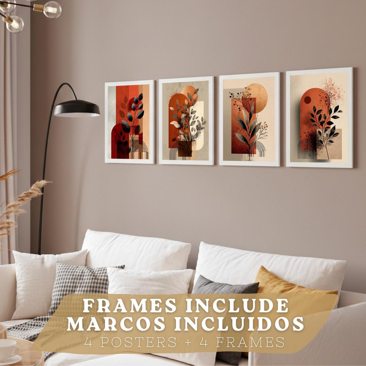 POSTER 4er Kunstdruck-Set Wandbilder Blumen Abstrakt Rot Orange modern Wohnzimmer Deko, Schlafzimmer, Küche, Badezimmer Rahmenlos A3 - Weiß, Papier (29.7/1/42cm) - Nacnic