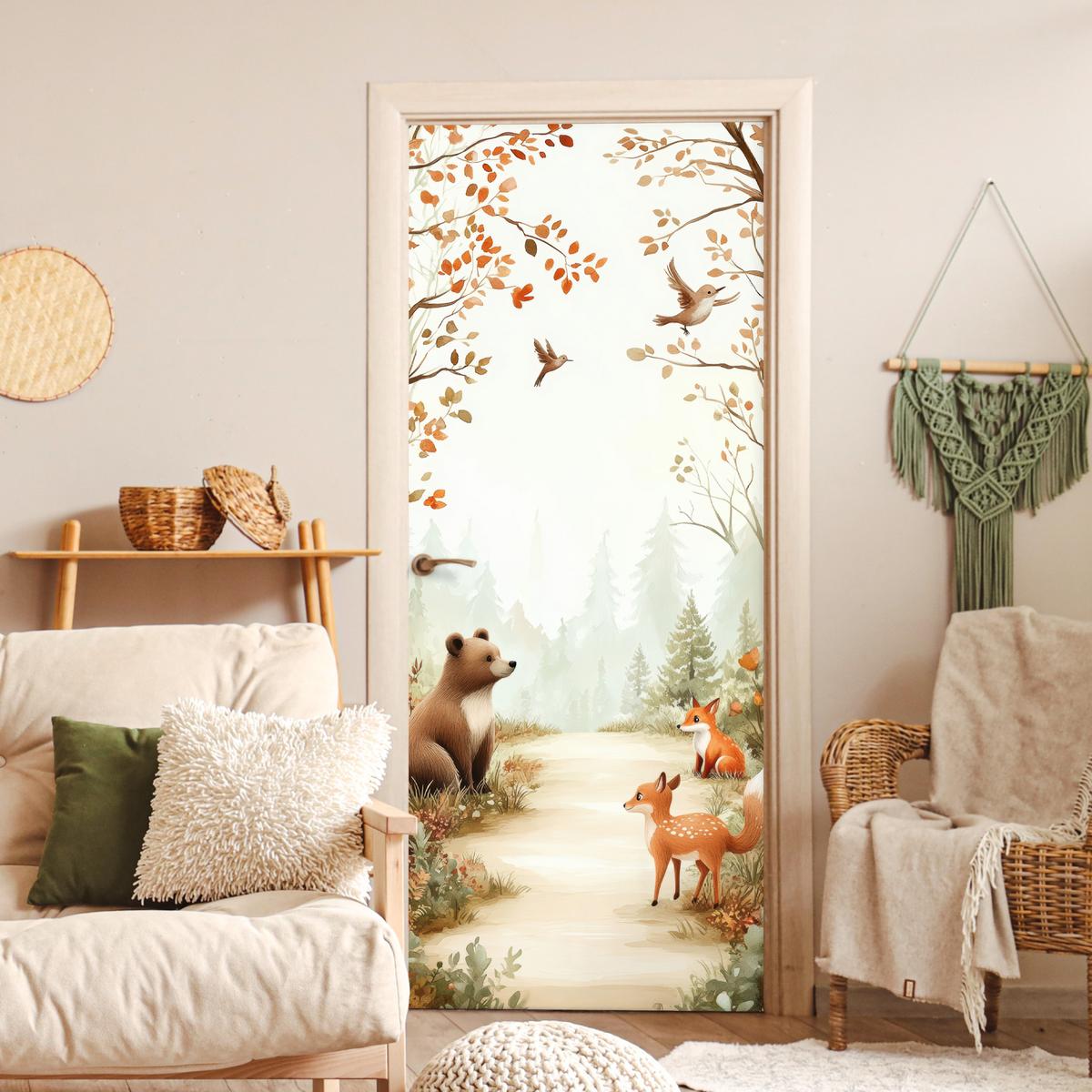 TÜRAUFKLEBER Wald - Herbst - Waldtiere - Bär - Fuchs 90x215 cm - Türtapete - Kastanienfarben, Kunststoff (90/0.1cm) - MuchoWow