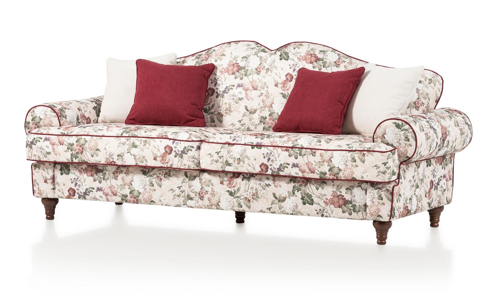 SOFA 3,5-SITZER creme Landhaus, Blumen Design, Couch 228 cm - Beige/Rot, Holz/Textil (228/96/90cm) - Furn.Design