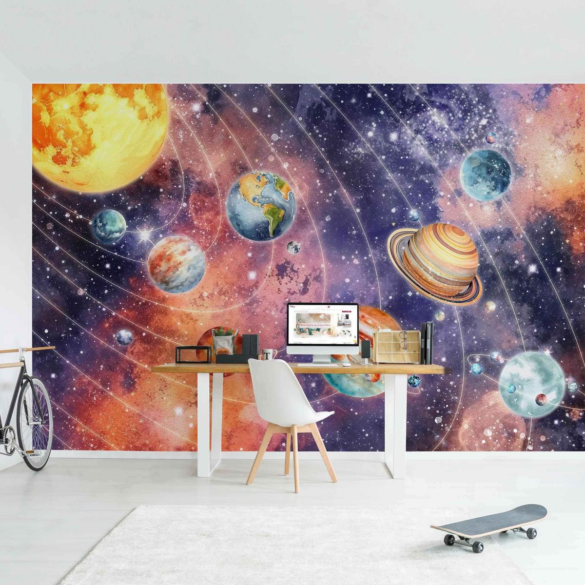 FOTOTAPETE Aquarell Sonnensystem 336/225 cm - Multicolor, Papier (336/225cm) - Bilderwelten