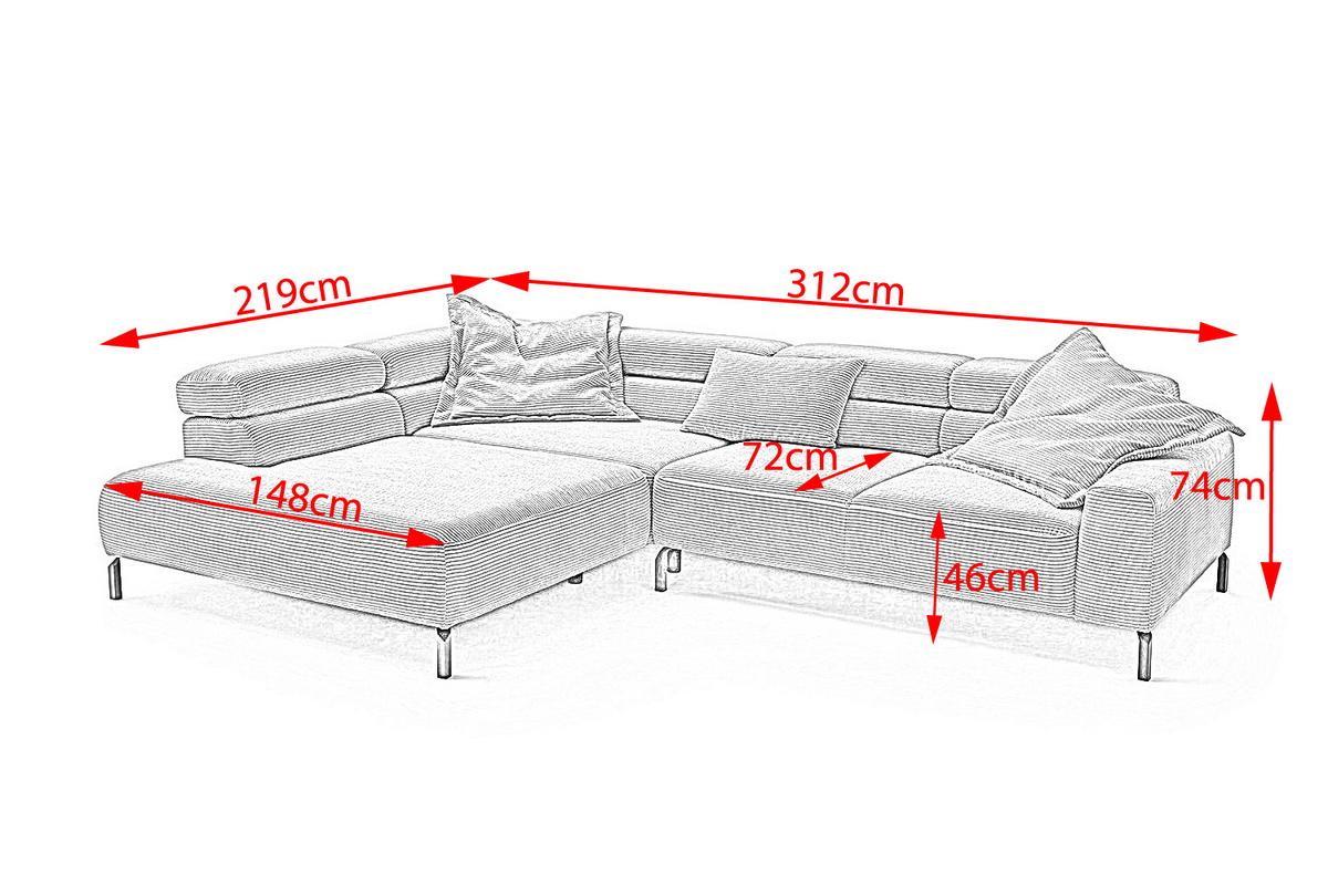 ECKSOFA MIT MOTORISCHEM SITZVORZUG DELIA Hellgrau Cord Relaxfunktion - Hellgrau/Schwarz, Textil/Metall (312/219cm) - KAWOLA